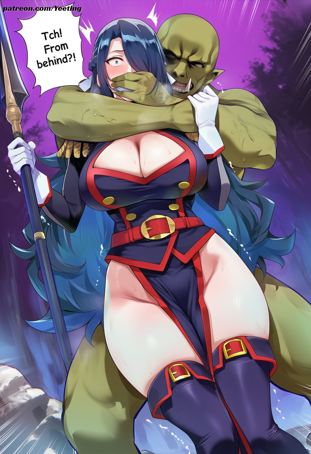 1girls, ai generated, azuma fubuki, big breasts, blue eyes, blue hair, blush, breasts, english text, female, imminent rape, imminent sex, mato seihei no slave, mature, milf, monster, mother, orc, text, thick thighs, thighs, yeeting