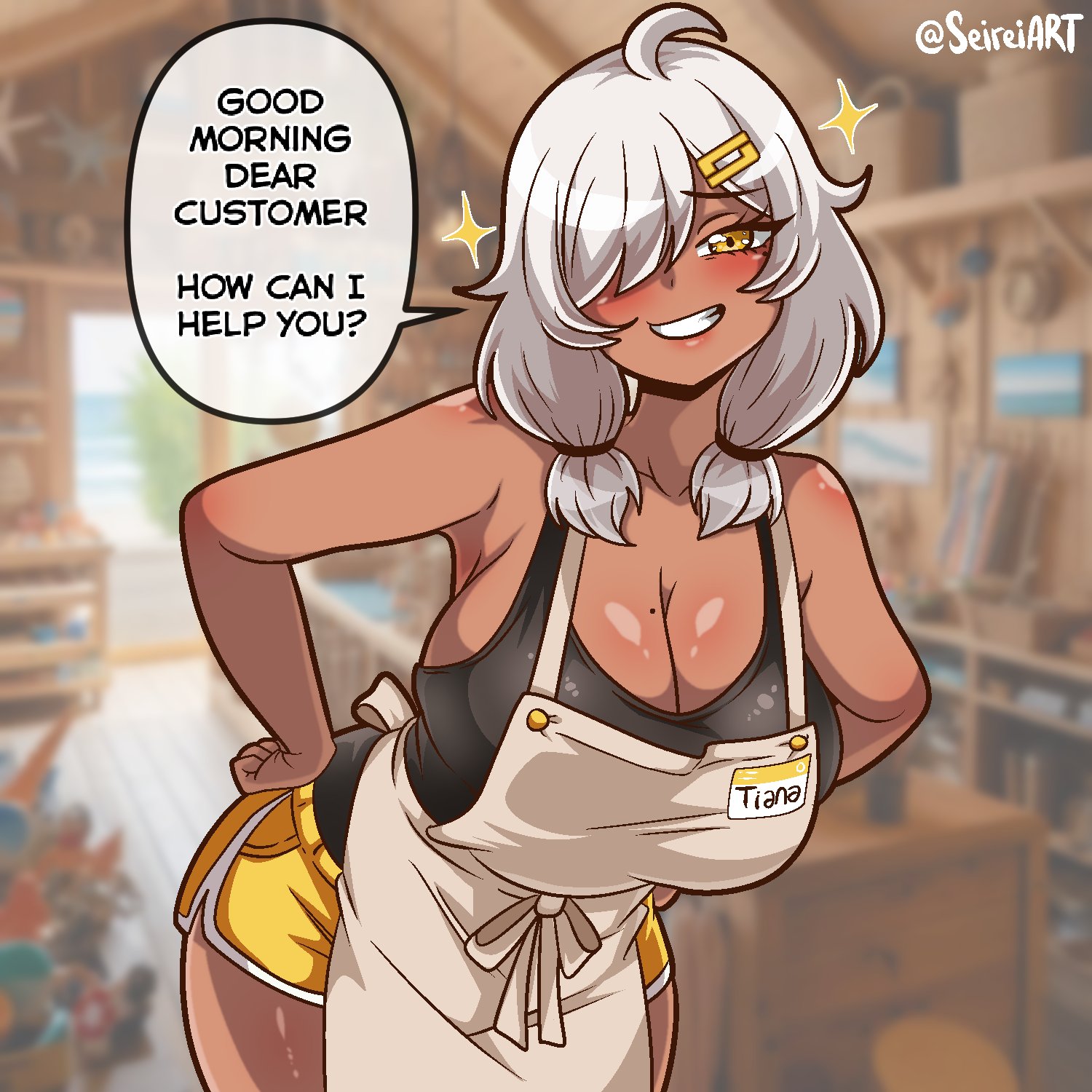 1girls, ahoge, apron, artist name, big breasts, breasts, cleavage, clothed female, dark skin, dark-skinned female, english text, female, grin, hair over one eye, mole, mole on breast, oc, original, original character, seireiart, solo, solo female, talking to viewer, text, text bubble, thighs, tiana (seireiart), watermark, white hair, yellow eyes