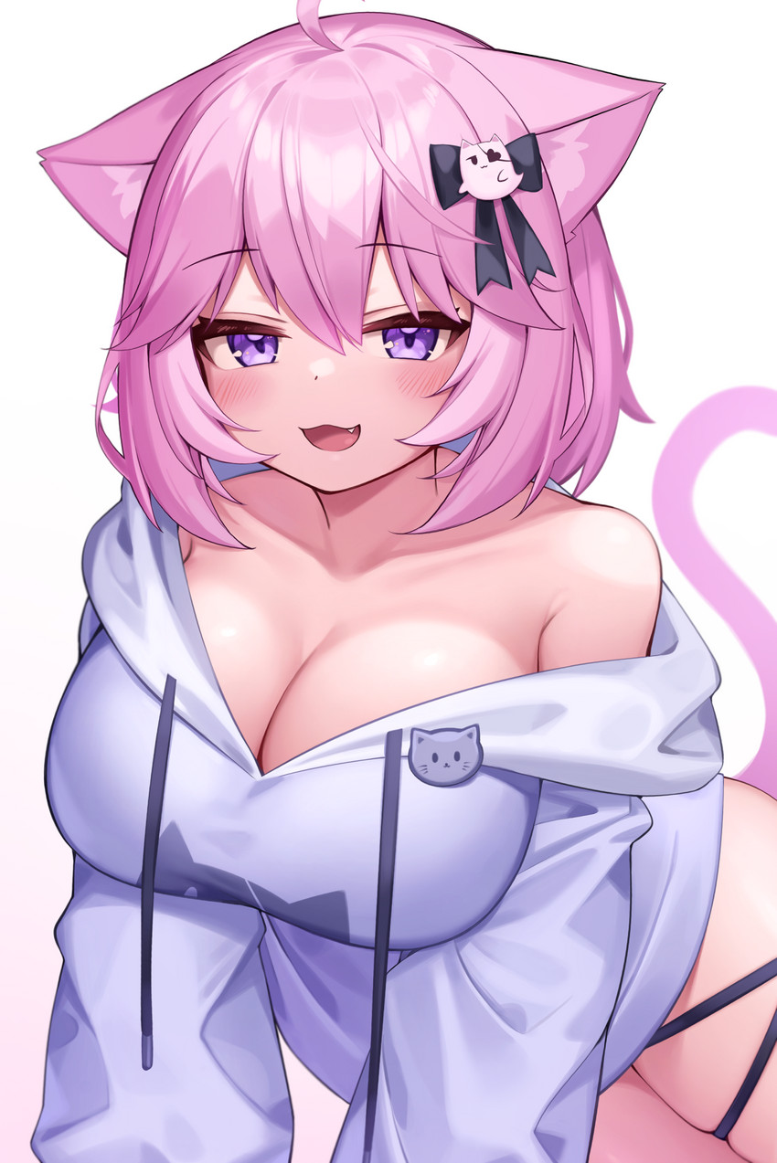 breasts busty cat_ears catgirl cleavage deaver female female_only hoodie nyatasha_nyanners pink_hair seductive_look seductive_smile virtual_youtuber vshojo