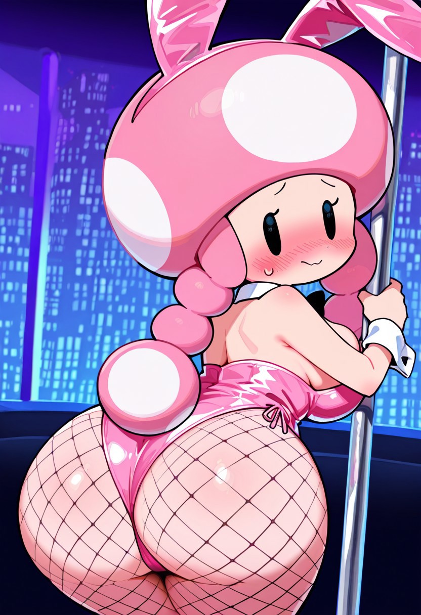 ai generated, ass, ass focus, blush, bunnysuit, female, fishnets, mario (series), nervous sweat, pink hair, playboy bunny, pole, solo female, solo focus, toadette