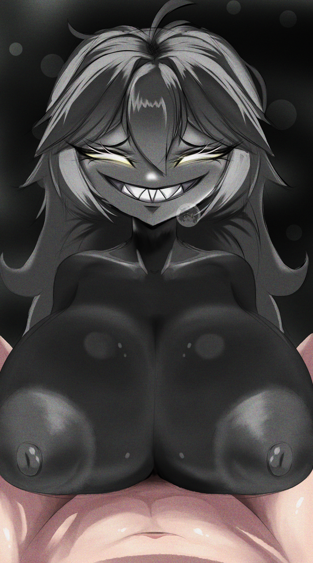 1boy1girl breasts female friday_night_funkin friday_night_funkin_mod girlfriend_(friday_night_funkin) gray_hair large_breasts nipples paizuri smile tagme trollge_gf_(fnf) watermark yellow_eyes