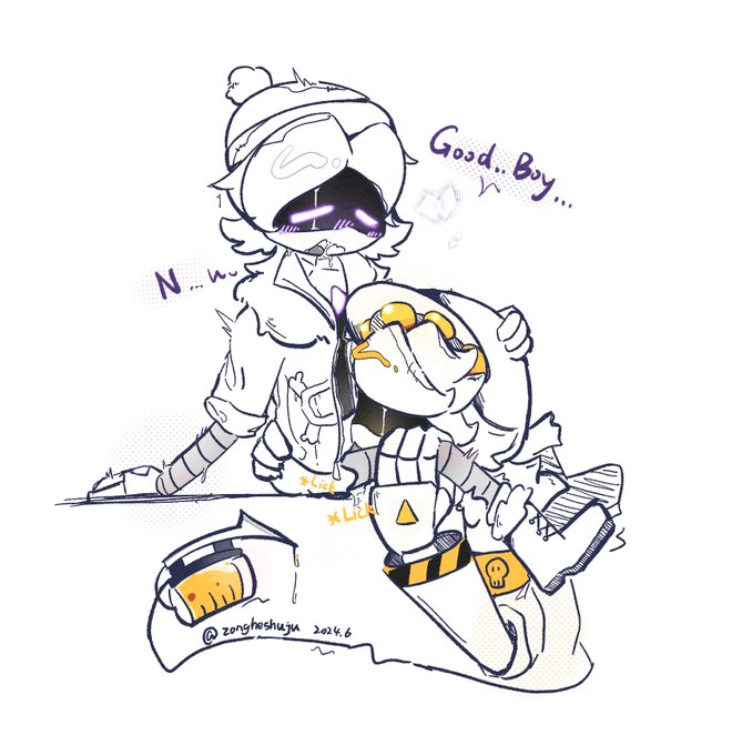 1boy, 1girls, canon couple, cunnilingus, disassembly drone, female, glitch, hand on head, male, murder drones, n (murder drones), tagme, uzi (murder drones)