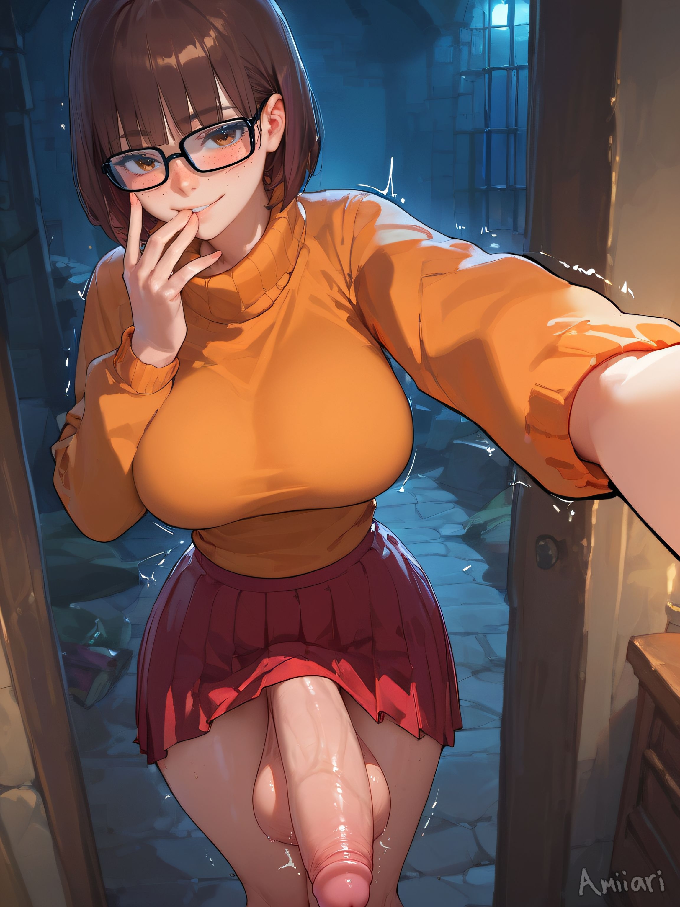 1futa, absurd res, ai generated, amiiari, ass, big breasts, big penis, biting finger, blush, breasts, brown hair, detailed, dickgirl, dripping, erection, finger on lip, freckles, futa only, futanari, glasses, highres, huge ass, huge breasts, intersex, large penis, penis, penis under skirt, pov, precum, precum drip, precum string, scooby-doo, selfie, shaking, short hair, skirt, tenting, thick thighs, velma dinkley