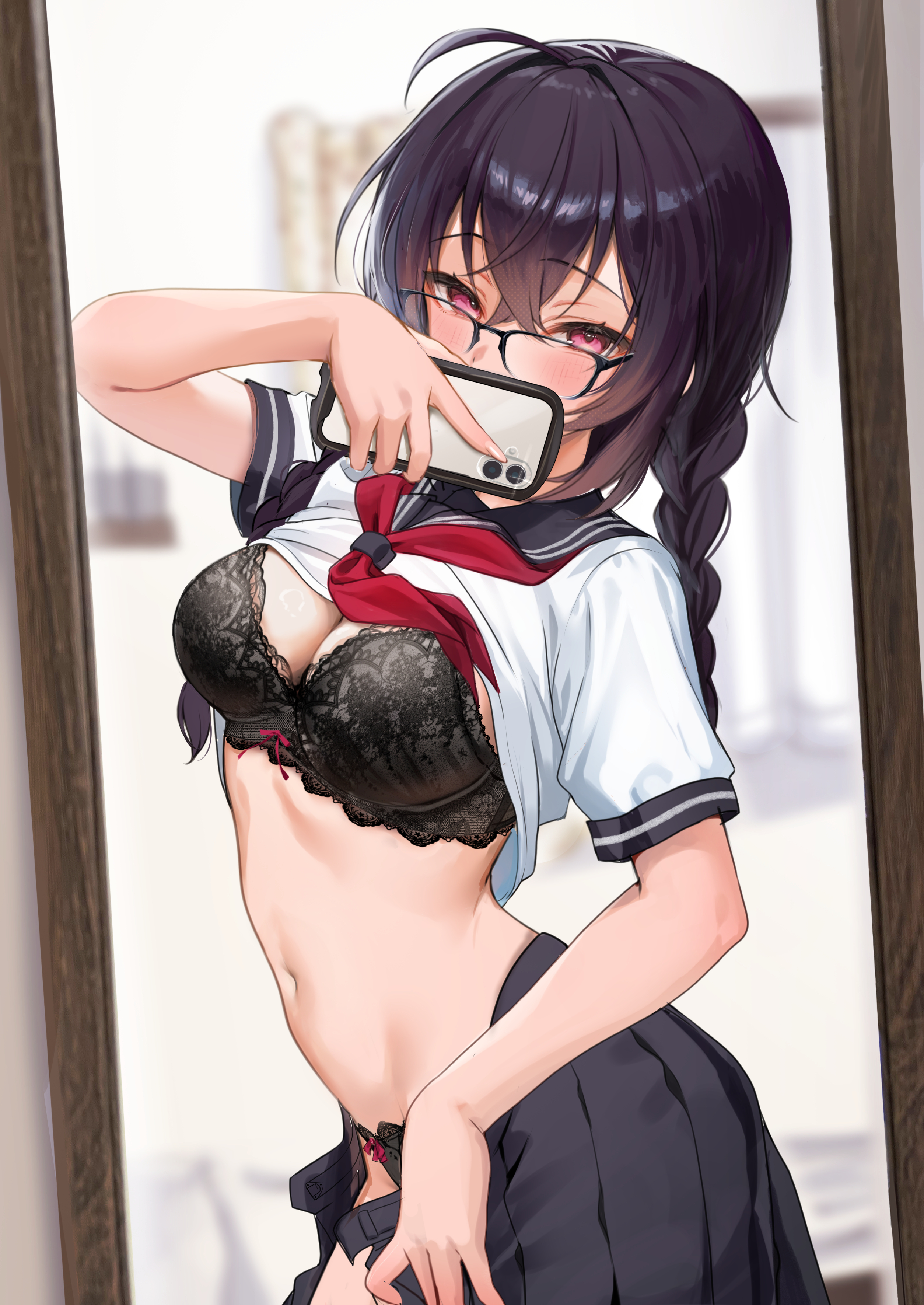 1girls, absurdres, ahoge, black bra, black hair, black sailor collar, black-framed eyewear, blush, bra, braid, breasts, cellphone, cleavage, female, glasses, highres, holding, holding phone, lace trim, lace-trimmed bra, long hair, looking at viewer, medium breasts, megane-chan (yufou), mirror, mirror selfie, navel, neckerchief, open clothes, open skirt, original, panties, phone, phone over face, pink eyes, red neckerchief, reflection, reflection focus, sailor collar, school uniform, selfie, serafuku, skirt, smartphone, solo, stomach, taking picture, twin braids, underwear, yufou