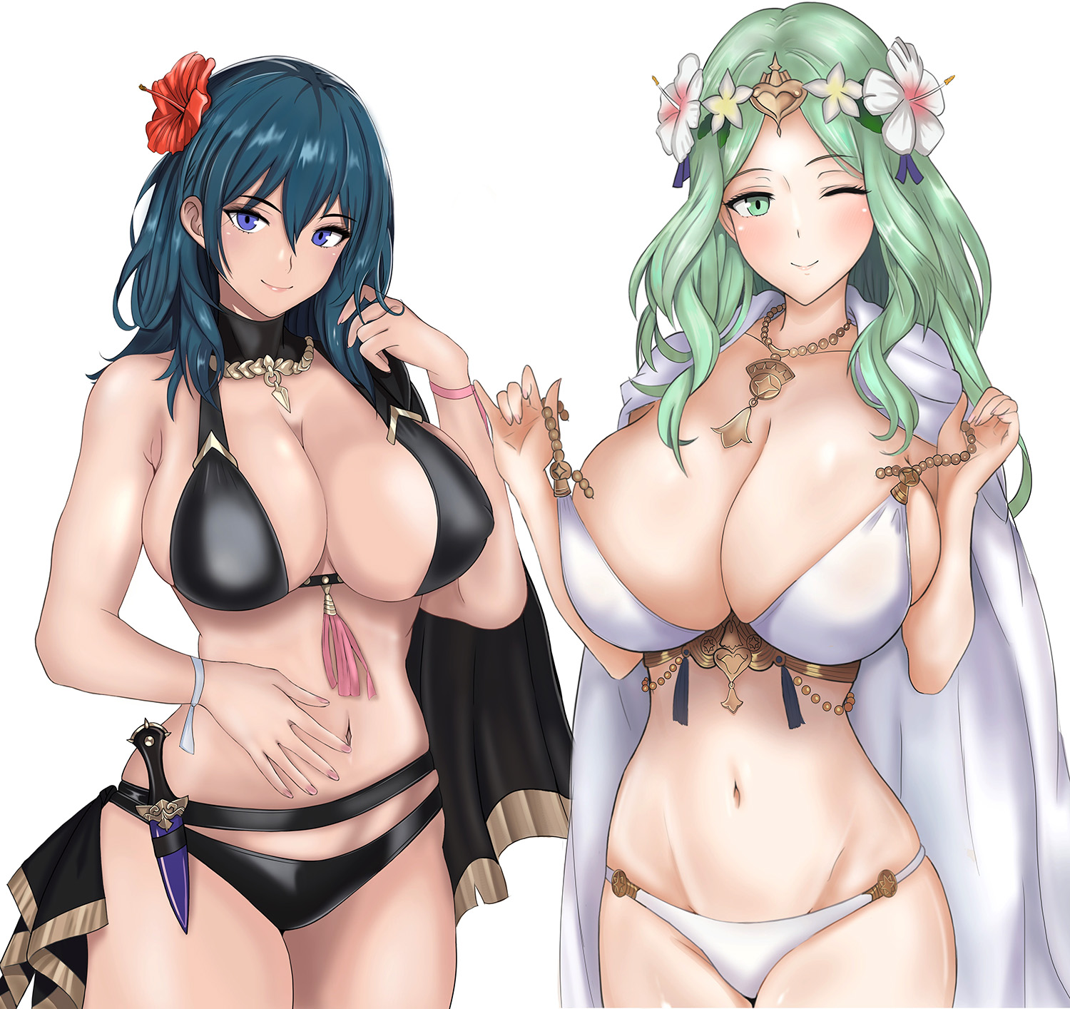 2girls, bare shoulders, belt, bikini, black belt, black bikini, black choker, blue eyes, blue hair, breasts, byleth (fire emblem), byleth (fire emblem) (female), byleth (summer) (fire emblem) (female), cape, choker, cleavage, commentary request, covered erect nipples, dagger, female, female only, fire emblem, fire emblem heroes, flower, green eyes, green hair, hair flower, hair ornament, hand up, highres, knife, large breasts, long hair, looking at viewer, mali-sa, multiple females, multiple girls, navel, nintendo, official alternate costume, red flower, rhea (fire emblem), rhea (summer) (fire emblem), sideboob, simple background, smile, standing, stomach, swimsuit, weapon, white background, white bikini, white cape, white flower