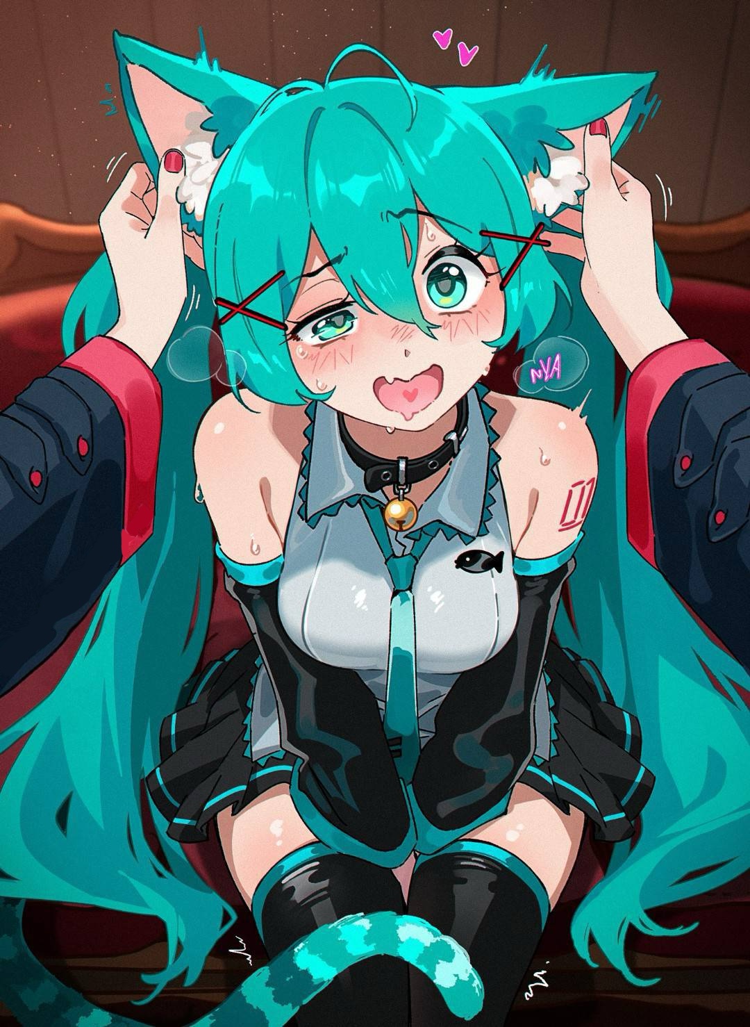 2girls, ahoge, animal ear fluff, animal ears, aqua eyes, aqua hair, bangs, bare shoulders, bell, between legs, black skirt, blue hair, blush, breasts, cat ears, cat girl, cat tail, catgirl, collar, couch, cute, detached sleeves, ear grab, fang, female, female pov, grey shirt, hair between eyes, hair ornament, hand between legs, hatsune miku, heart, heart in mouth, heart-shaped pupils, hot, jingle bell, kasane teto, kemonomimi, kemonomimi mode, long hair, looking at viewer, medium breasts, multiple girls, nail polish, neck bell, necktie, open mouth, pleasure face, pleated skirt, pov, pov hands, red nails, sensitive ears, sexy, shirt, sitting, skin fang, skirt, sleeveless, snegovski, solo focus, sweat, symbol-shaped pupils, tail, thighhighs, touching ear, twintails, uncommon stimulation, utau, v arms, very long hair, vocaloid, x hair ornament, yuri, zettai ryouiki