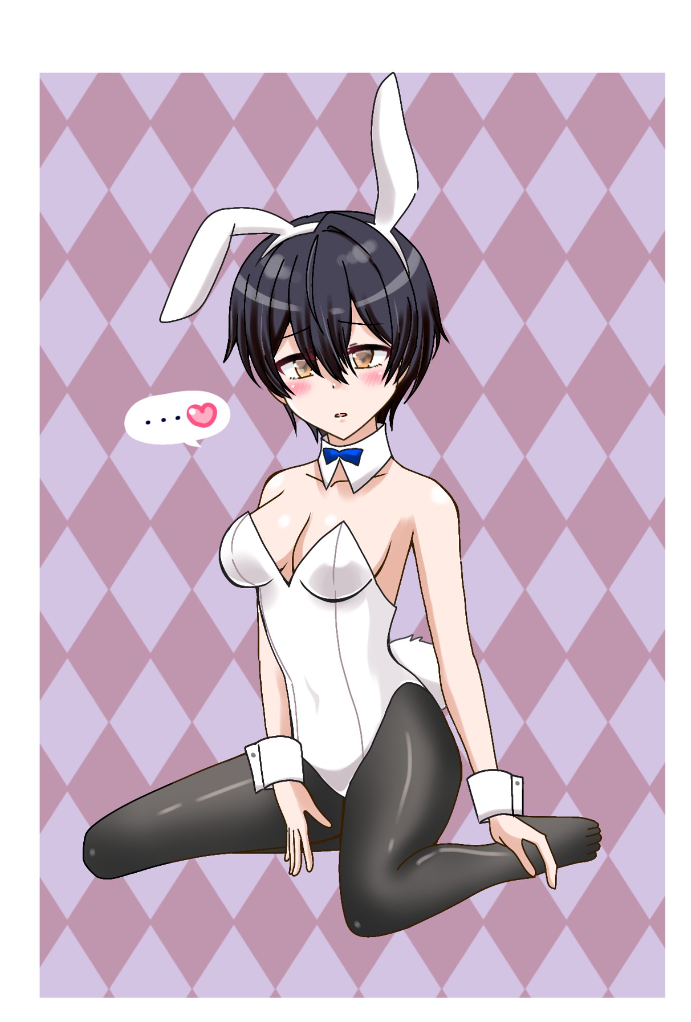 ... 1girls blush breasts bunny_ears bunny_girl bunny_tail bunnysuit d4_ren d4dj dark_hair feet gold_eyes heart miyake_aoi speech_bubble stockings