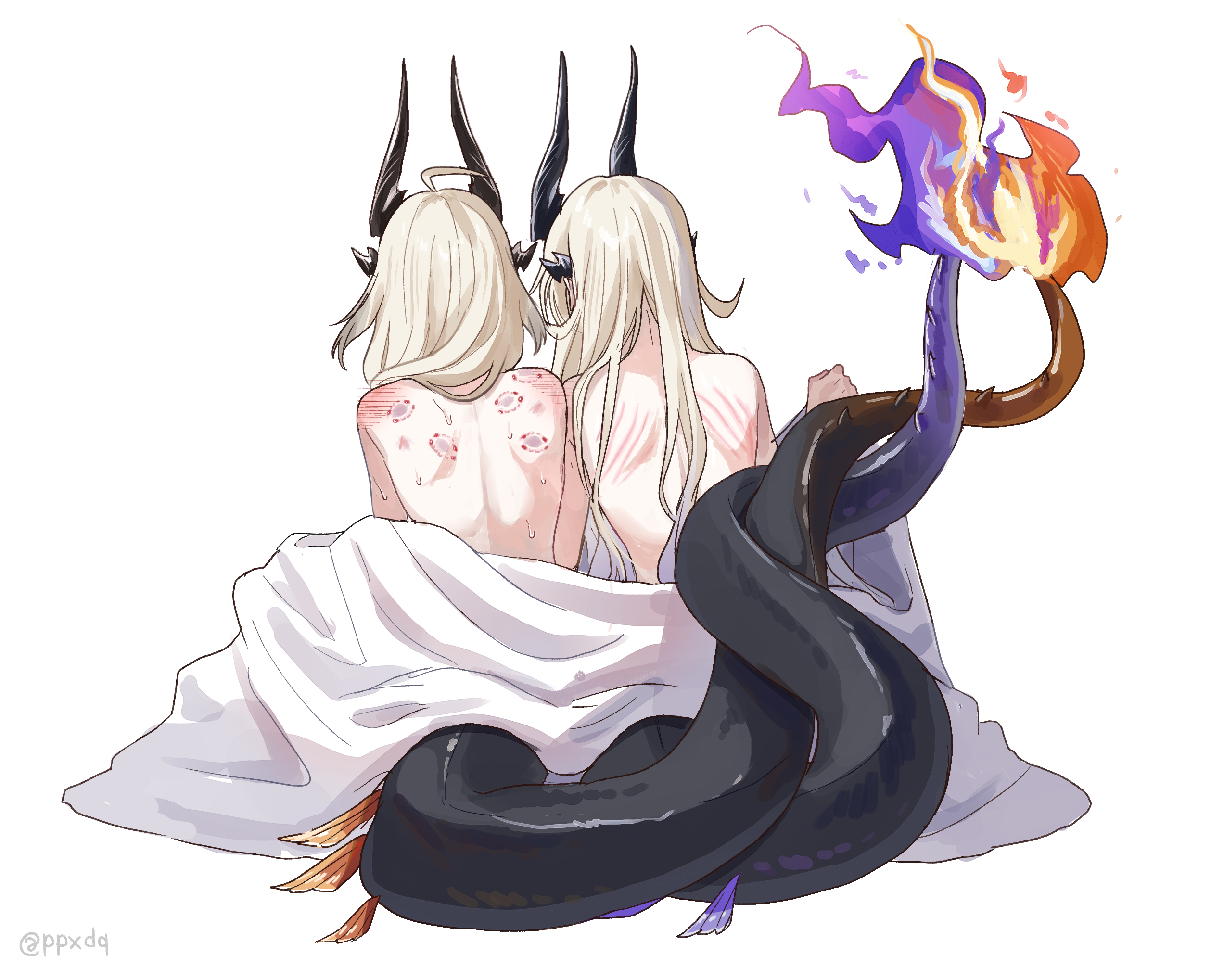 2girls, arknights, bare back, bare shoulders, bite mark, eblana (arknights), female, female only, flaming tail, horns, intertwined tails, ppxdq, reed (arknights), scratch marks, siblings, sisters, tail, yuri