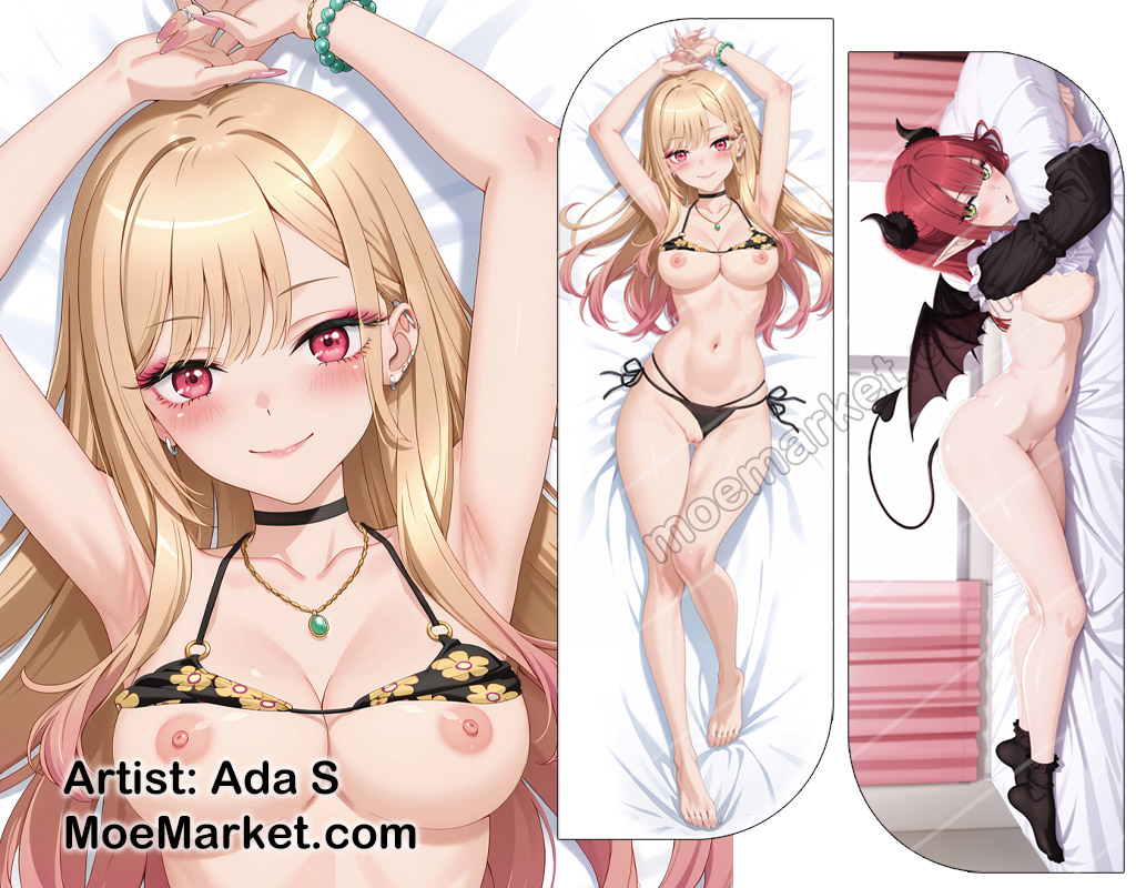 ada s, ai, ai generated, bare legs, blonde hair, blush, breasts, dakimakura, feet, female, green eyes, horns, kitagawa marin, looking at viewer, medium breasts, navel, nipples, pussy, red eyes, red hair, rizu-kyun (cosplay), solo, sono bisque doll wa koi wo suru, thighs, toes