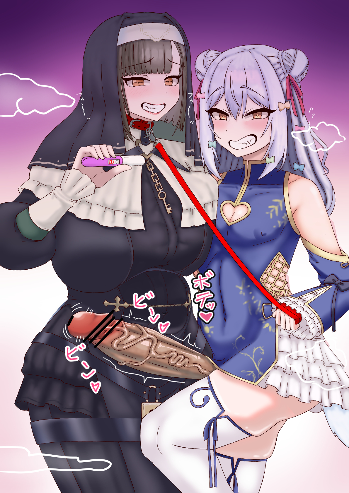 1boy, 1boy1girl, 1girls, artist request, breasts, brown hair, censored, collar, dominant femboy, female, femboy, femboy on female, femboydom, huge breasts, huge cock, inuyama tamaki, japanese text, leash, leash and collar, leash pull, male, maledom, massive penis, noripro, nun outfit, penis, pregnancy test, pregnant, pregnant female, text, trap, tsukudani norio (vtuber), virtual youtuber, vtuber