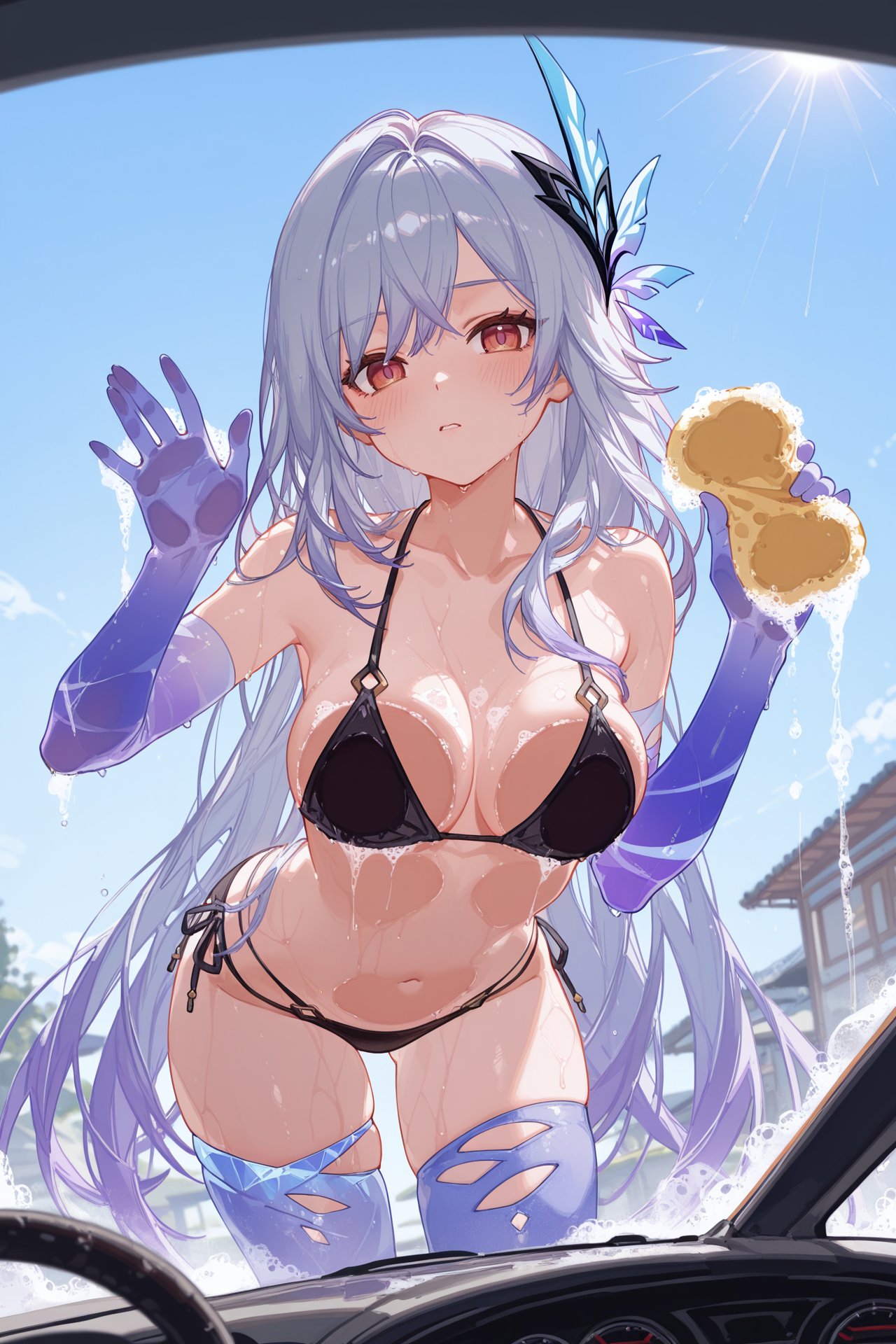 1girls, ai generated, bikini, bra, breasts, cleavage, female, genshin impact, looking at viewer, mihoyo, panties, pressed on glass, red eyes, skirk (genshin impact), soap bubbles, tagme, thighs, white hair
