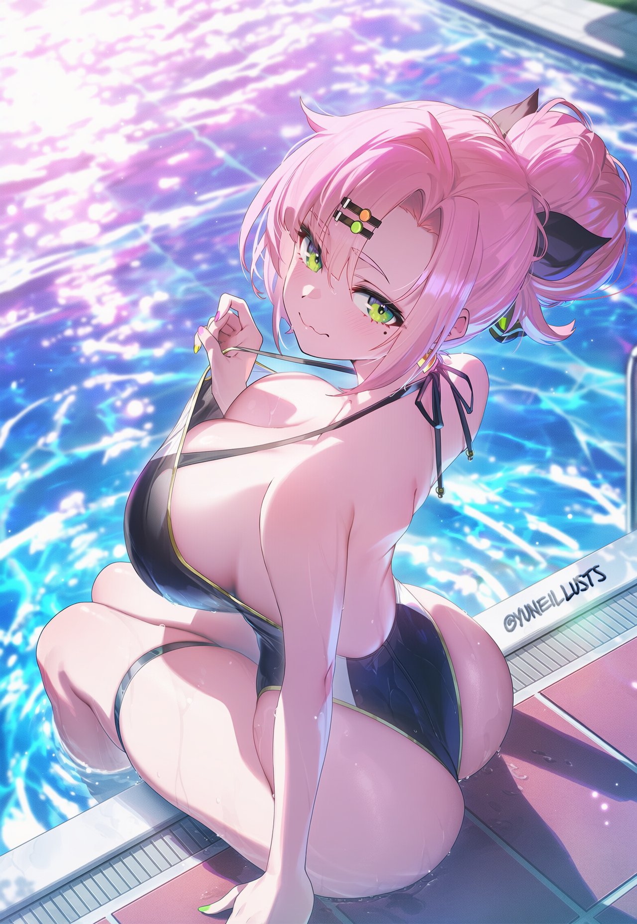 1girls, ai generated, ass, big ass, big breasts, breasts, female, female only, green eyes, looking at viewer, nicole demara, pink hair, swimsuit, thick thighs, thighs, yuneillusts, zenless zone zero