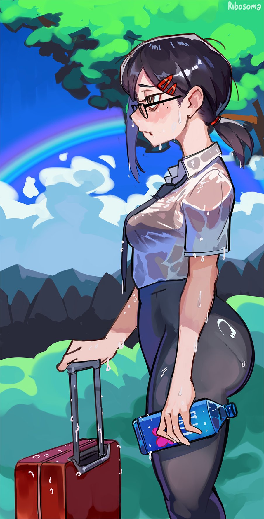chainsaw man, female, higashiyama kobeni, kobeni higashiyama, office clothing, office lady, ribosoma 42, sweat, sweating, sweaty, sweaty female, voluptuous female