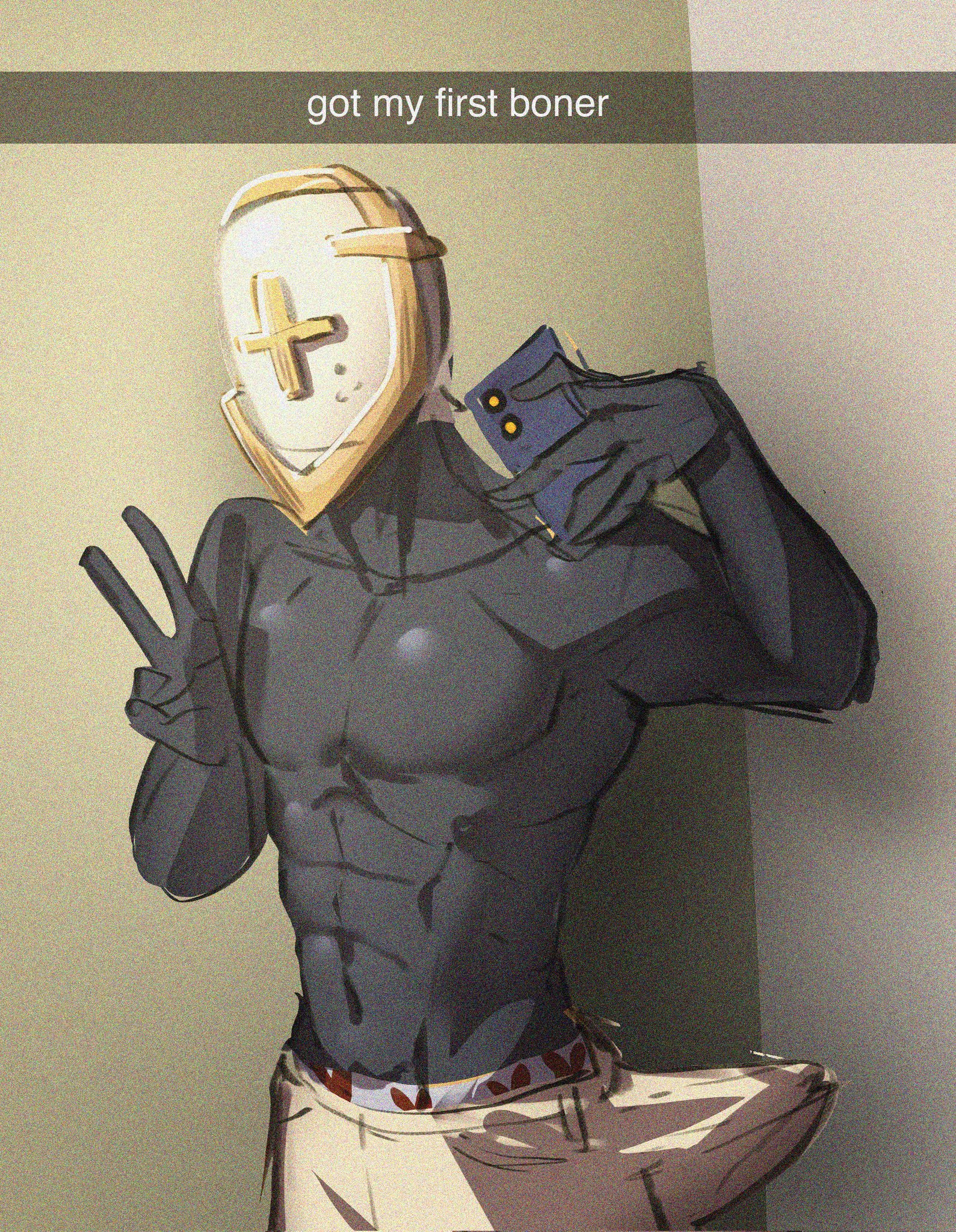 1boy, angel, archangel, comedy, funny, gabriel (ultrakill), humor, kkorokonn, male, meme, muscular, muscular male, new blood interactive, peace sign, phone, tom cardy, ultrakill, v sign, v1 (ultrakill)