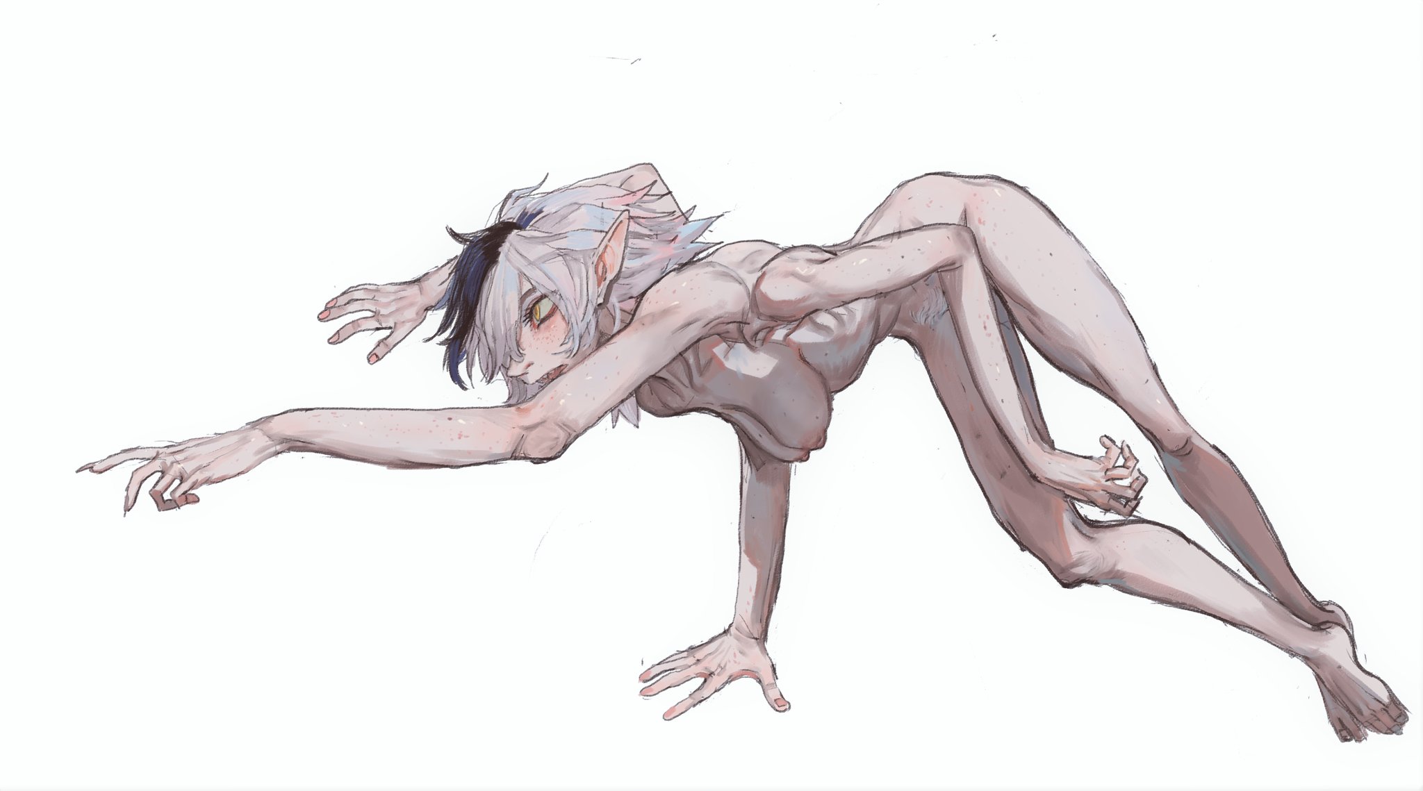 1girls, 2d, 4 arms, all fours, ass, bent over, breasts, emaciated, female, female only, female pubic hair, freckles, hanging breasts, medium breasts, monster, monster girl, mossa, multi arm, multi limb, nipples, nude, pointy ears, pubic hair, solo, solo female, thin arms, thin female, thin waist, two-tone hair, white background, white hair, white pubic hair, yellow eyes