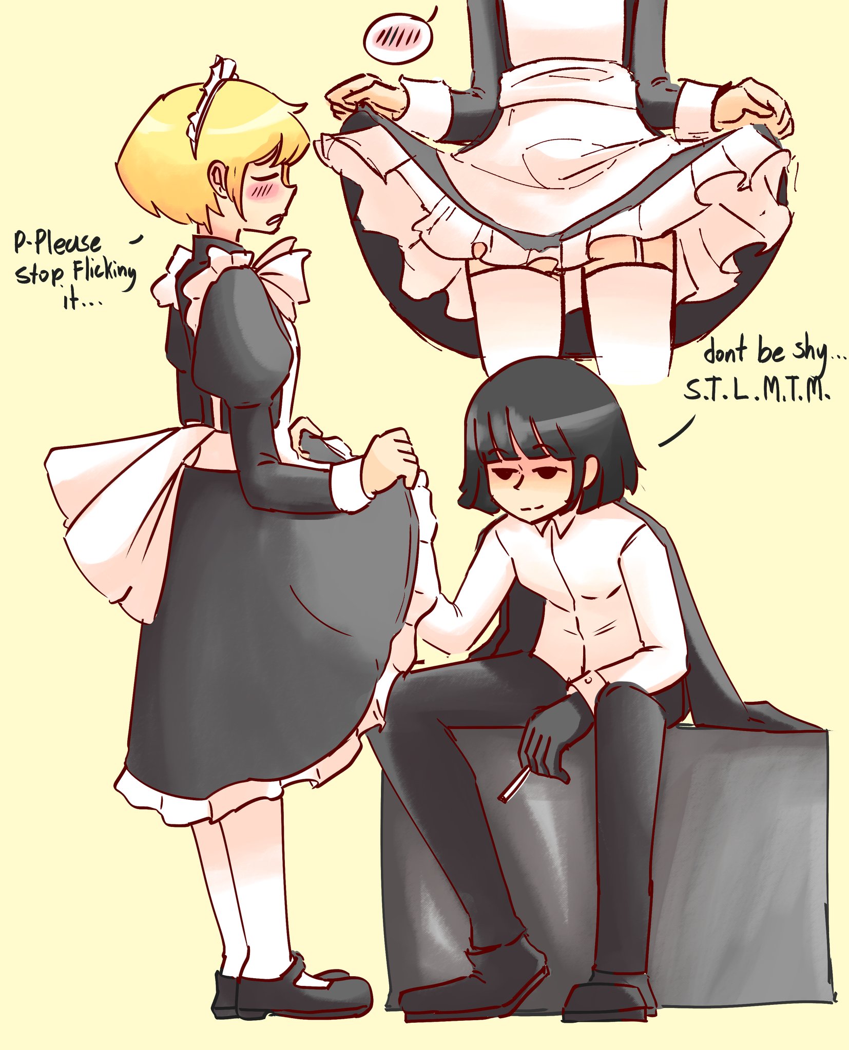 1boy, 1girls, black hair, blonde hair, blush, cigarette, crossdressing, female, holding skirt, lifting skirt, limbus company, maid headdress, maid uniform, male, project moon, revannman, ryoshu (limbus company), sinclair (limbus company), tagme, thighhighs, white thighhighs