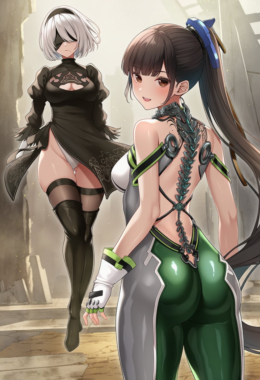 2b_(nier:automata) 2girls ai_generated android ass bare_shoulders blindfold blush bodysuit boots breasts brown_eyes brown_hair crossover dress eve_(stellar_blade) female fingerless_gloves from_behind gloves goddess_of_victory:_nikke hair_ornament hairband highres leotard long_hair looking_at_viewer looking_back medium_breasts multiple_crossover multiple_girls nier:automata nier_(series) open_mouth ponytail senngokuotome short_dress short_hair sideboob smile thick_thighs thigh_boots thighhighs thighs very_long_hair white_hair