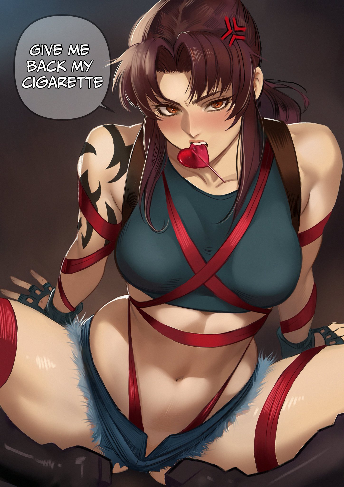1girls, bare shoulders, belly, belly button, black lagoon, blush, blushing, brown hair, brunette, brunette hair, female, female only, fingerless gloves, jean shorts, kirani, light skin, light-skinned female, revealing clothes, revy, shorts, tape, tattoo, thighs, tummy, wine colored hair