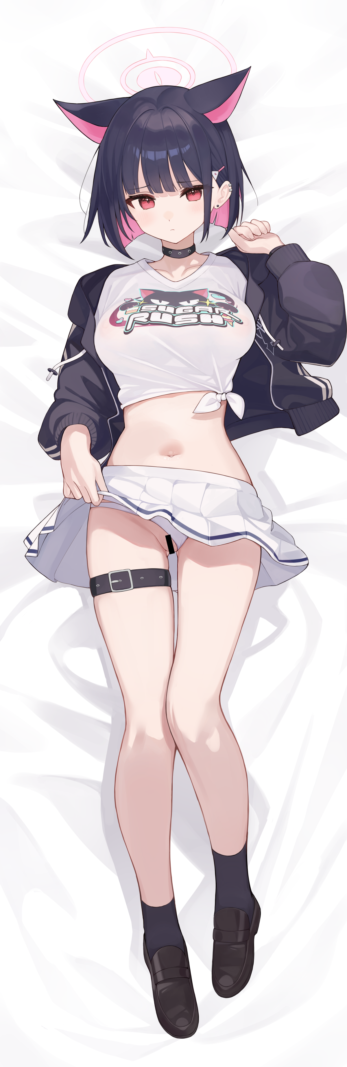 absurdres, animal ears, animal print, bar censor, bed sheet, belt, black belt, black choker, black hair, black hoodie, black shoes, black socks, blue archive, blush, breasts, cat ears, cat print, censored, choker, closed mouth, clothing aside, collarbone, colored inner hair, dakimakura (medium), dakimakura design, ear piercing, earrings, female, full body, hair behind ear, hair ornament, hairclip, halo, highres, hood, hoodie, jewelry, kazusa (band) (blue archive), kazusa (blue archive), large breasts, long sleeves, looking at viewer, lying, medium hair, multi ear, multicolored hair, navel, on back, open clothes, open hoodie, panties, panties aside, piercing, pink eyes, pink hair, pink halo, pipipipyu, pleated skirt, pussy, shirt, shoes, skirt, socks, solo, stomach, stud earrings, thigh belt, thigh strap, thighs, tied shirt, two-tone hair, underwear, white panties, white shirt, white skirt