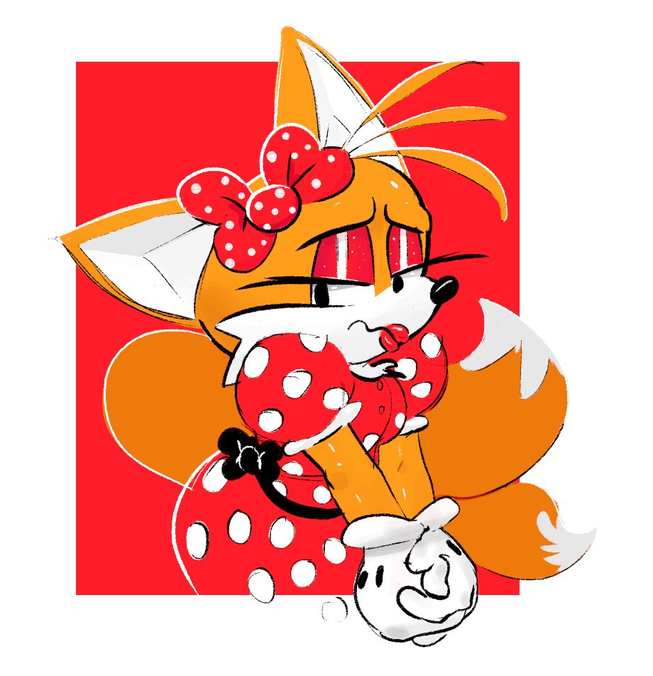 crossdressing dress eyeshadow furry gloves hair_ribbon lipstick male multi_tail nervous noofooba red_dress sega sonic_(series) tails_the_fox