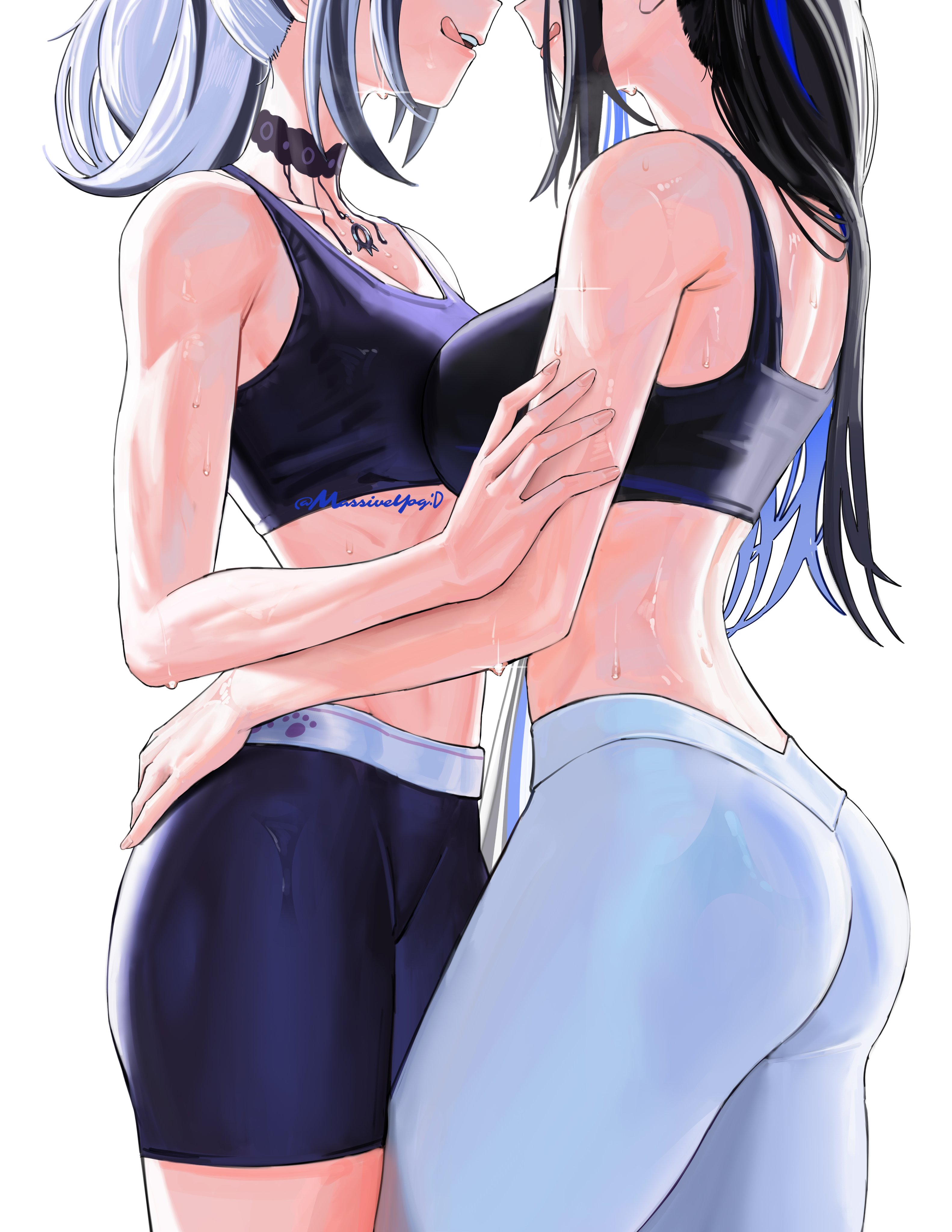 2girls, artist request, ass, black hair, blue hair, breasts, collar, crop top, female, gym clothes, hololive, hololive english, hololive english -advent-, hug, imminent kiss, intimate, massiveyog, nerissa ravencroft, pants, shiori novella, shorts, sweat, sweaty, tank top, tight clothes, tongue, tongue out, virtual youtuber, white hair, workout clothes, yoga pants, yuri
