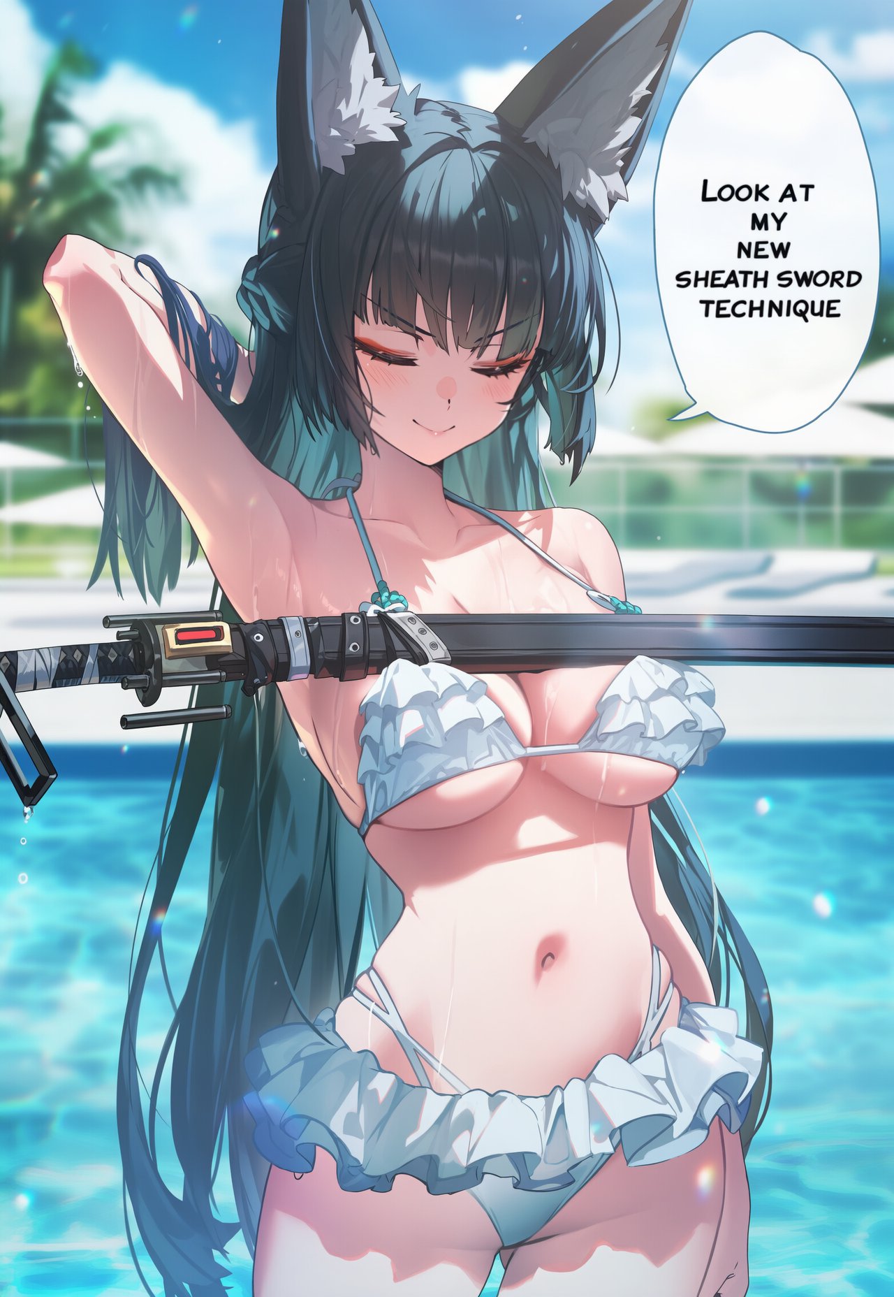 1girls, ai generated, animal ear fluff, animal ears, animal humanoid, arm at side, arm behind head, arm up, armpits, ass visible through thighs, bikini, black hair, blunt bangs, blurry, blurry background, blush, breasts, cleavage, closed eyes, closed mouth, collarbone, commentary, curvy, curvy body, day, english commentary, english text, eyebrows visible through hair, female, female only, fox ears, fox girl, frilled bikini, frills, green hair, groin, hair lift, hand in own hair, highres, hollow special operations section 6, hoshimi miyabi, large breasts, lens flare, long hair, medium breasts, navel, novelai, outdoors, pool, sheath, sheathed, smile, smug, solo, speech bubble, standing, swimsuit, sword, tagme, wading, water, weapon, wet, white bikini, yuneillusts, zenless zone zero