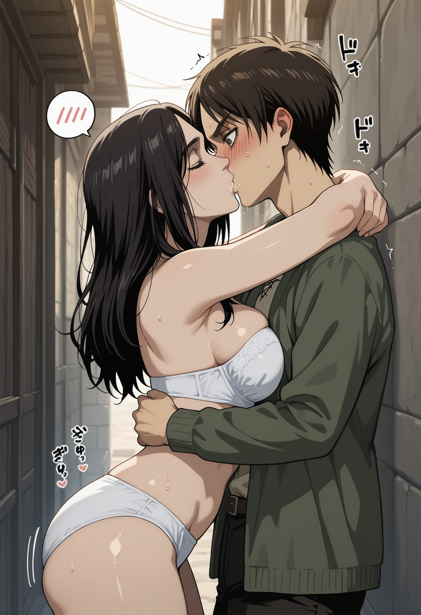 1boy, 1girls, about to have sex, ai generated, attack on titan, before sex, black hair, blush, boobs out, breasts, closed eyes, couple, couple (romantic), couple art, couple focus, couple love, duo, duo focus, embrace, embrace from the behind, embracing, embracing from behind, eren jaeger, female, female/male, hugging from behind, hugging partner, imminent sex, kissing, male, male/female, naked, nude, outside, pieck finger, romantic, romantic ambiance, romantic couple, shingeki no kyojin, short hair, straight, wholesome, wholesome nudity