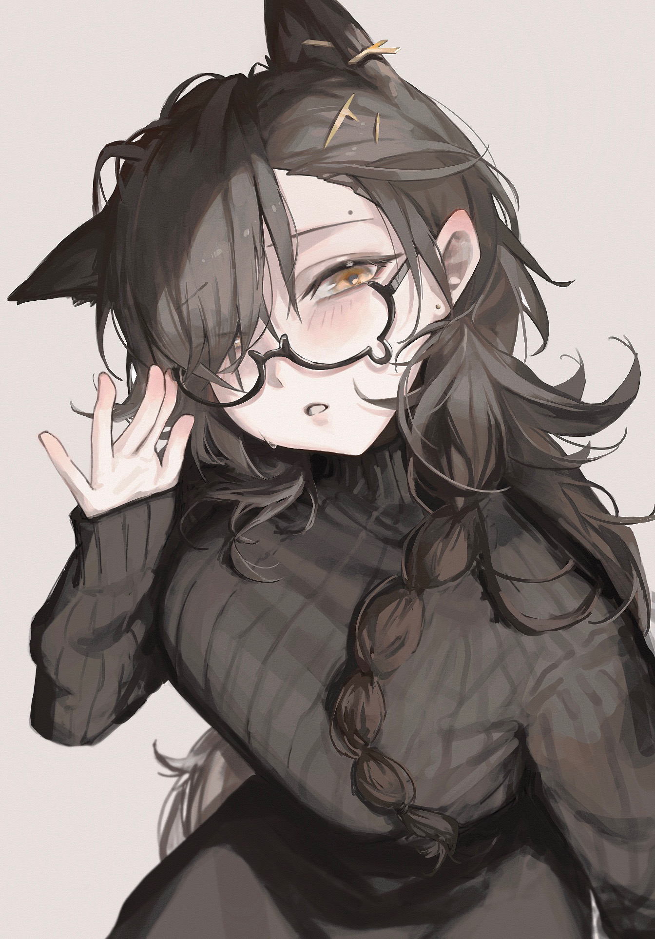 1girls, 2025, arknights, bangs, blush, brown hair, brunette hair, female, glasses, hi res, kiriharaaki1019, looking at viewer, penance (arknights), simple background, solo, solo focus, upper body, wolf ears, wolf girl, yellow eyes