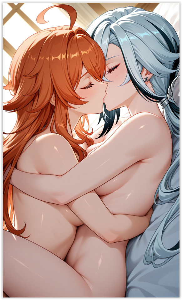 2girls ai_generated arlecchino_(genshin_impact) bed bedroom_sex blush breasts closed_eyes female female/female female_only genshin_impact girl_on_girl lesbian_couple lesbian_focus lesbian_kiss lesbian_sex mavuika_(genshin_impact) multiple_girls nude nude_female yuri
