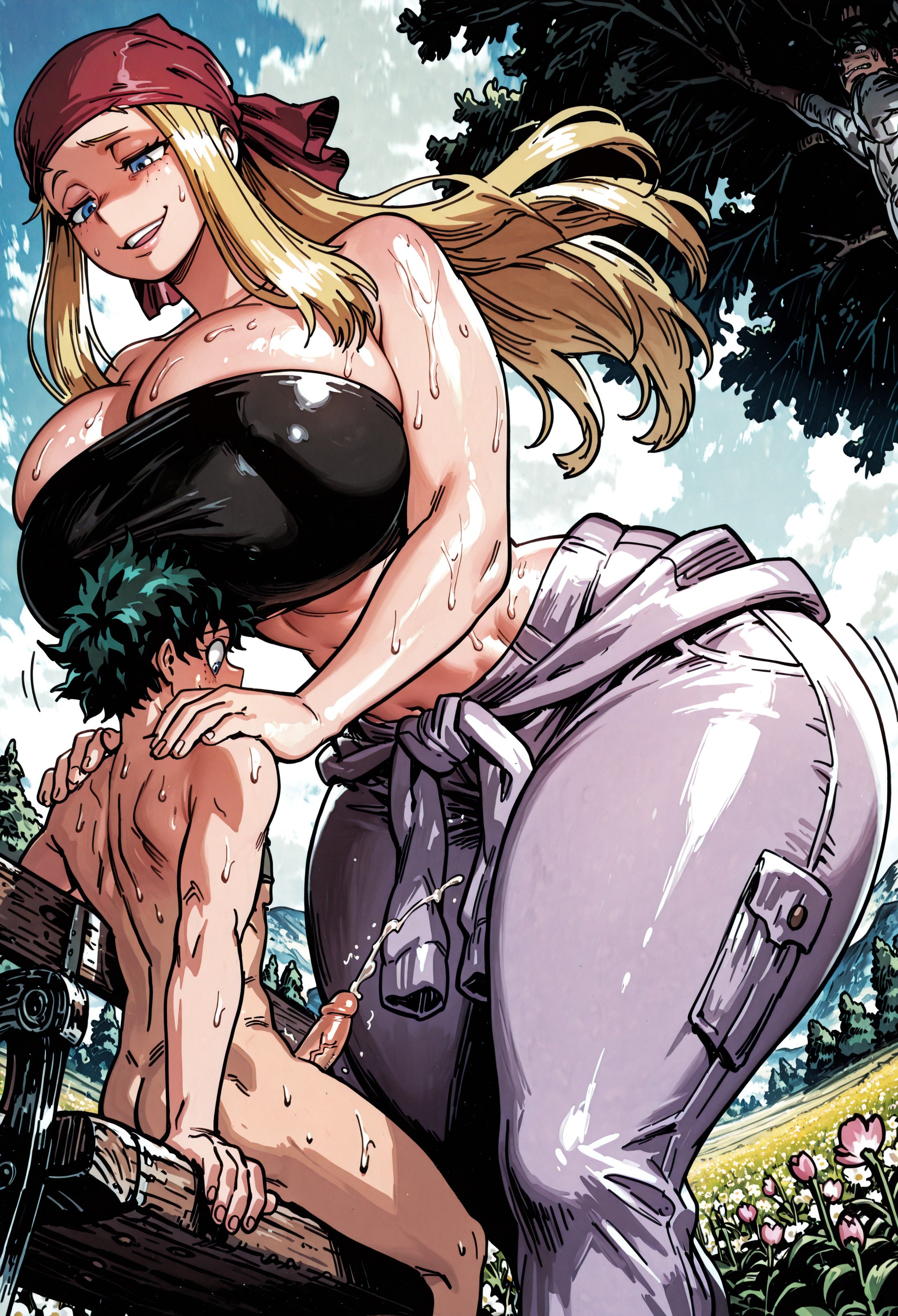 absurd res, ai generated, aroused, bandana, blonde hair, blue eyes, boku no hero academia, breasts, breasts bigger than head, clothed female nude male, cock, crossover, cum, deku, detailed, detailed background, dick, dominant, dominant female, domination, duo, duo focus, ejaculation, erection, female, fullmetal alchemist, fullmetal alchemist brotherhood, giant female, giantess, green eyes, green hair, highres, huge breasts, izuku midoriya, leaning forward, long hair, male, midoriya izuku, midriff, my hero academia, narrow waist, pants, penis, short hair, smaller male, smirk, smug, submissive male, sweat, sweatdrop, taller female, thick thighs, tubetop, wide hips, winry rockbell