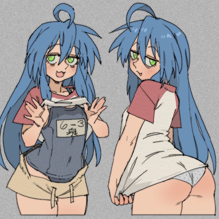 :3, 1girls, artist request, back view, blue hair, breasts, cute, female, from behind, front view, green eyes, konata izumi, long hair, lucky star, panties, pantsu ripper, shirt, shorts, small breasts, smile, smiling, swimsuit, tagme, white panties
