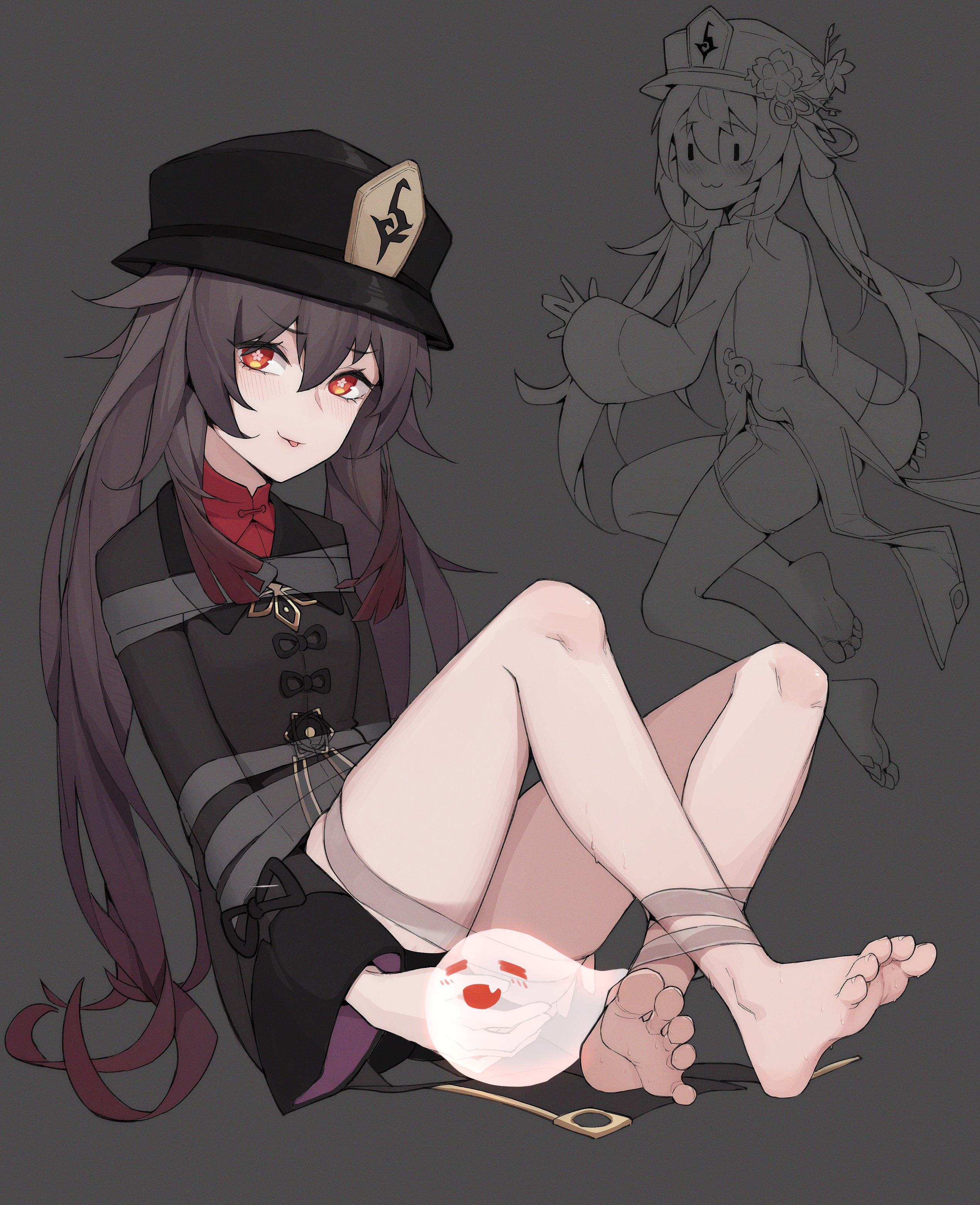 :3, 1girls, absurd res, bare legs, barefoot, blush, bondage, brown hair, clothed, clothing, feet, female, full body, genshin impact, ghost, highres, hu tao (genshin impact), lan mao akko, legs, looking at viewer, pinky toe, red eyes, restrained, shorts, sitting, soles, solo, tied up, toes, tongue, tongue out, twintails