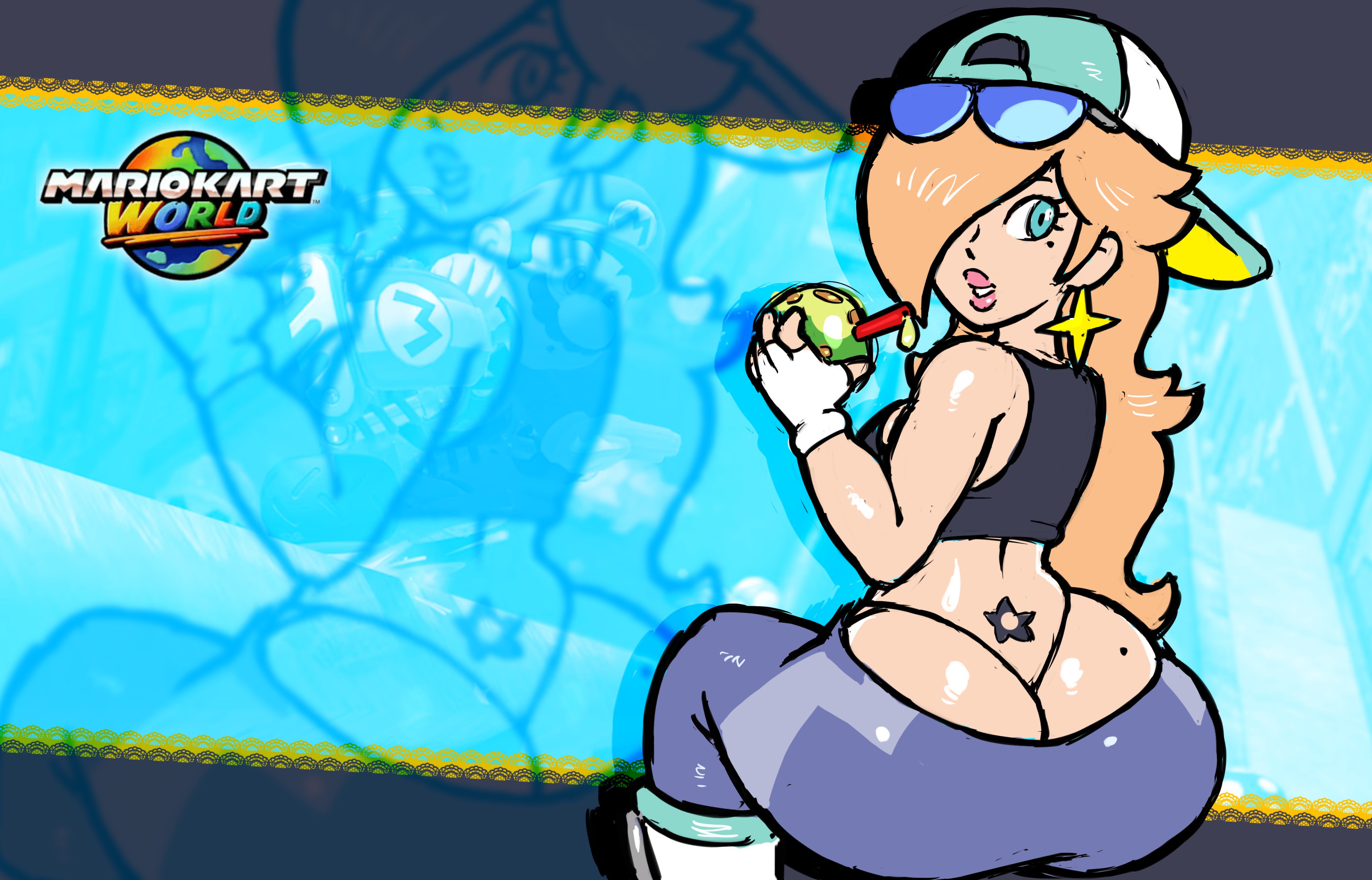 1girls, 2025, 2d, 2d (artwork), 2d artwork, ass, ass cleavage, ass crack, ass focus, big ass, big breasts, big butt, big lips, blonde hair, blue eyes, breasts, brycecarringto5, bubble butt, butt crack, cap, dimple, dimples, dimples of venus, ear piercing, earrings, fat ass, fat butt, female, female focus, female only, g-string, glasses, glasses on head, glistening, glistening ass, glistening body, glistening butt, glistening skin, hat, huge ass, huge butt, light skin, light-skinned female, lips, long hair, looking at viewer, looking back, looking pleasured, make up, makeup, mario (series), mario kart, mario kart world, official alternate costume, princess rosalina, princess rosalina (touring), seductive, seductive gaze, shiny ass, shiny breasts, shiny butt, shiny hair, shiny skin, skimpy panties, sunglasses, tattoo, thong