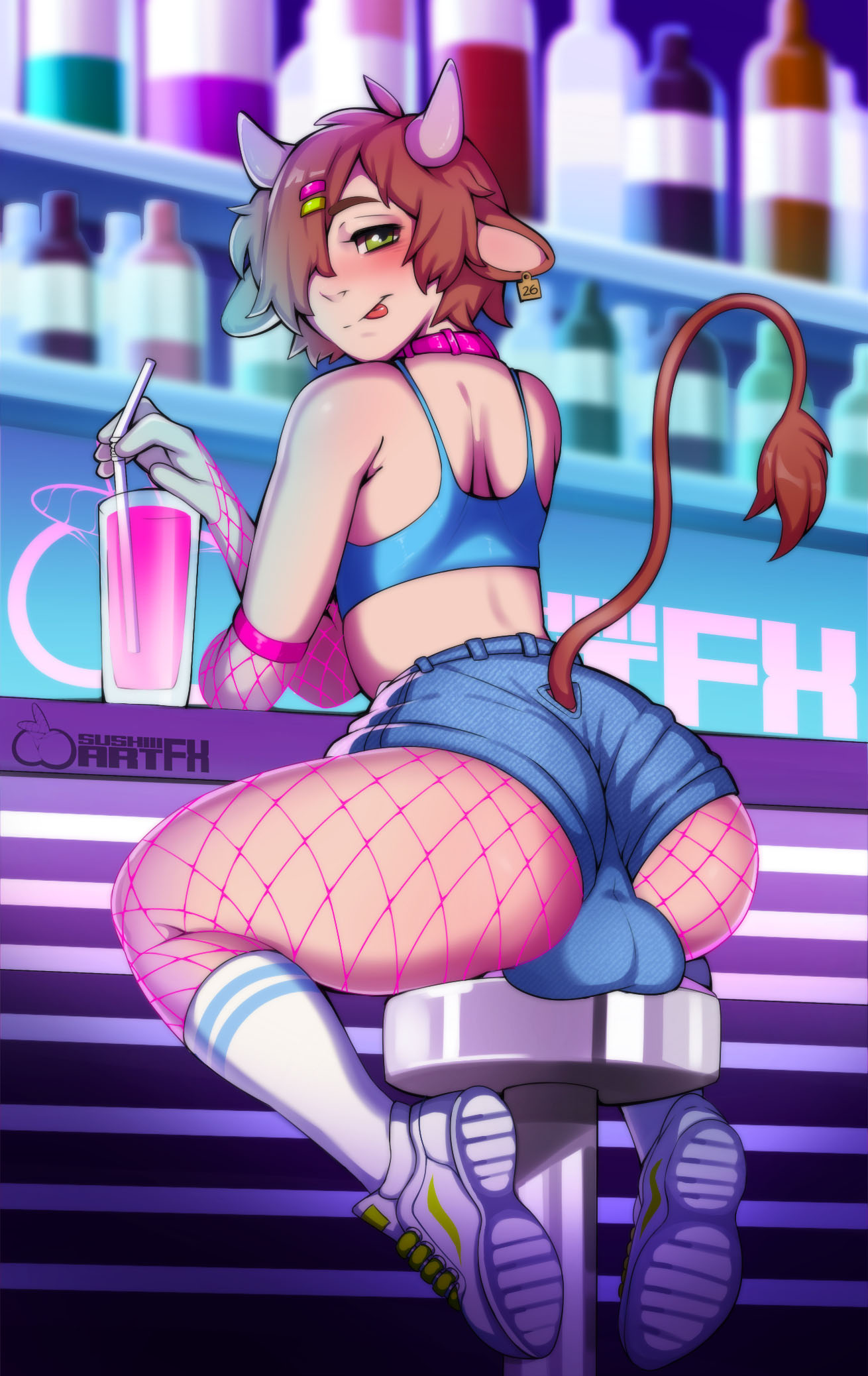 1boy, ass, backsack, balls, balls under clothes, ballsack, bar, big ass, big balls, bovine, clothing, cow boy, cow ears, cow tail, crossdressing, femboy, fishnets, henry (virgo the virgo), horns, licking penis, looking at viewer, male, male only, penis, sitting, sushiiifx, tail, testicles, thick thighs, trap