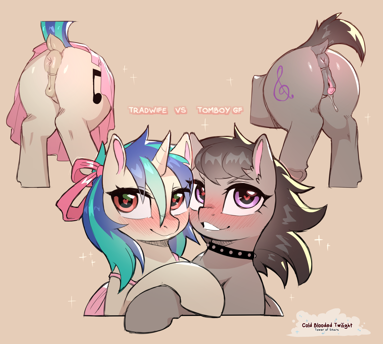 animal genitalia, animal pussy, anus, artist name, ass, blue tail, choker, clitoral winking, clitoris, clothed, clothed feral, clothing, cold-blooded-twilight, cutie mark, dress, duo, earth pony, english text, equid, equine, equine anus, equine genitalia, equine pussy, equine vulva, female, feral, friendship is magic, genitals, grey body, grey hair, grey tail, hair, hasbro, heart eyes, heart symbol, hi res, hooves, horn, horse, jewelry, long hair, mammal, my little pony, mythological creature, mythological equine, mythology, necklace, octavia (mlp), pony, purple eyes, pussy, quadruped, tail, text, thick thighs, unicorn, vinyl scratch (mlp), vulva, white body