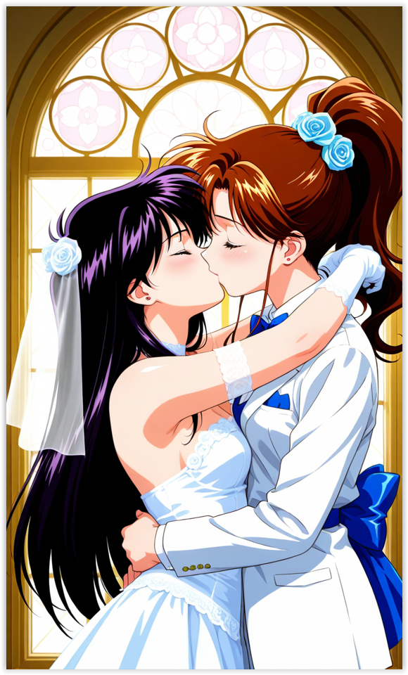 2girls ai_generated bishoujo_senshi_sailor_moon female girl_on_girl lesbian_couple lesbian_focus lesbian_kiss makoto_kino rei_hino sailor_jupiter sailor_mars wedding_dress yuri