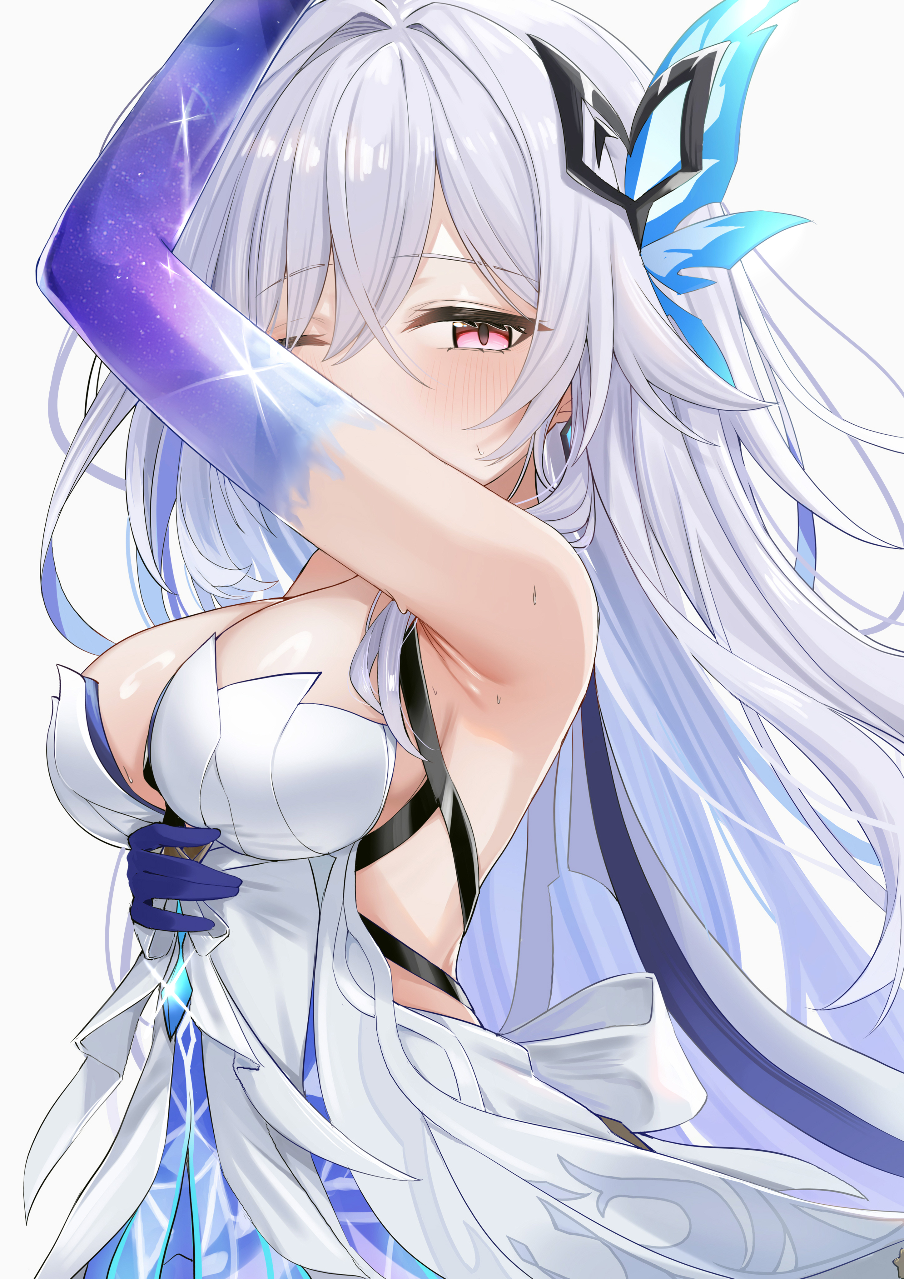 1girls, blush, breasts, cleavage, female, genshin impact, looking at viewer, mihoyo, red eyes, skirk (genshin impact), white hair