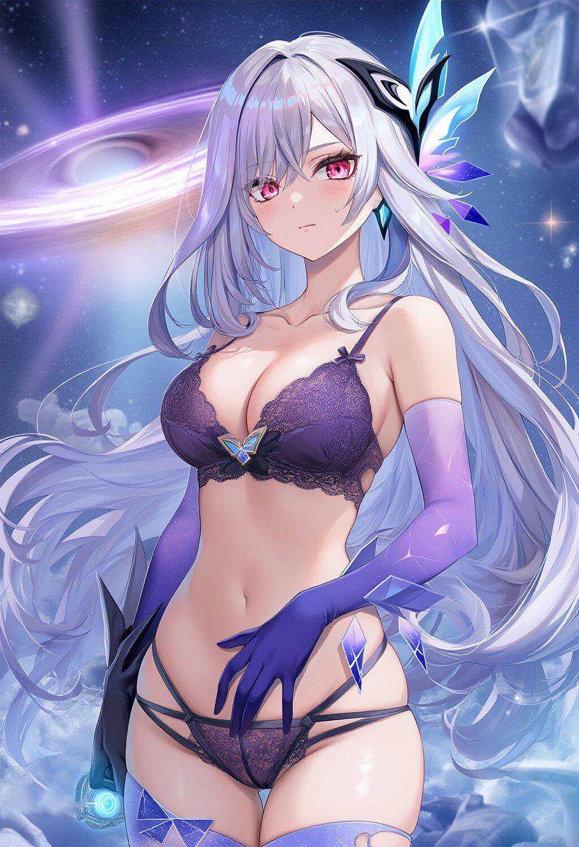 1girls, ai generated, bra, breasts, cleavage, female, genshin impact, lace, lace-trimmed bra, lace-trimmed panties, mihoyo, panties, red eyes, skirk (genshin impact), tagme, thighs, white hair