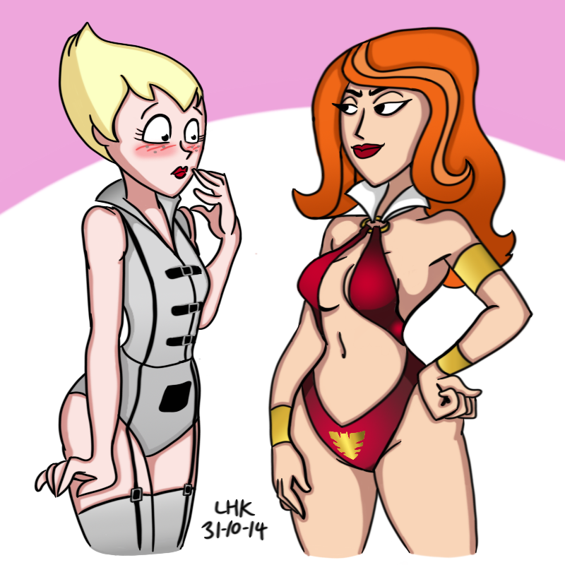 2girls barbarella_(comic) barbarella_(cosplay) blonde_hair blush cartoon_network cosplay edit hips kimmy_meisner lhk looking_at_another princess_ilana red_hair red_lipstick sym-bionic_titan vampirella_(cosplay) vampirella_(series)