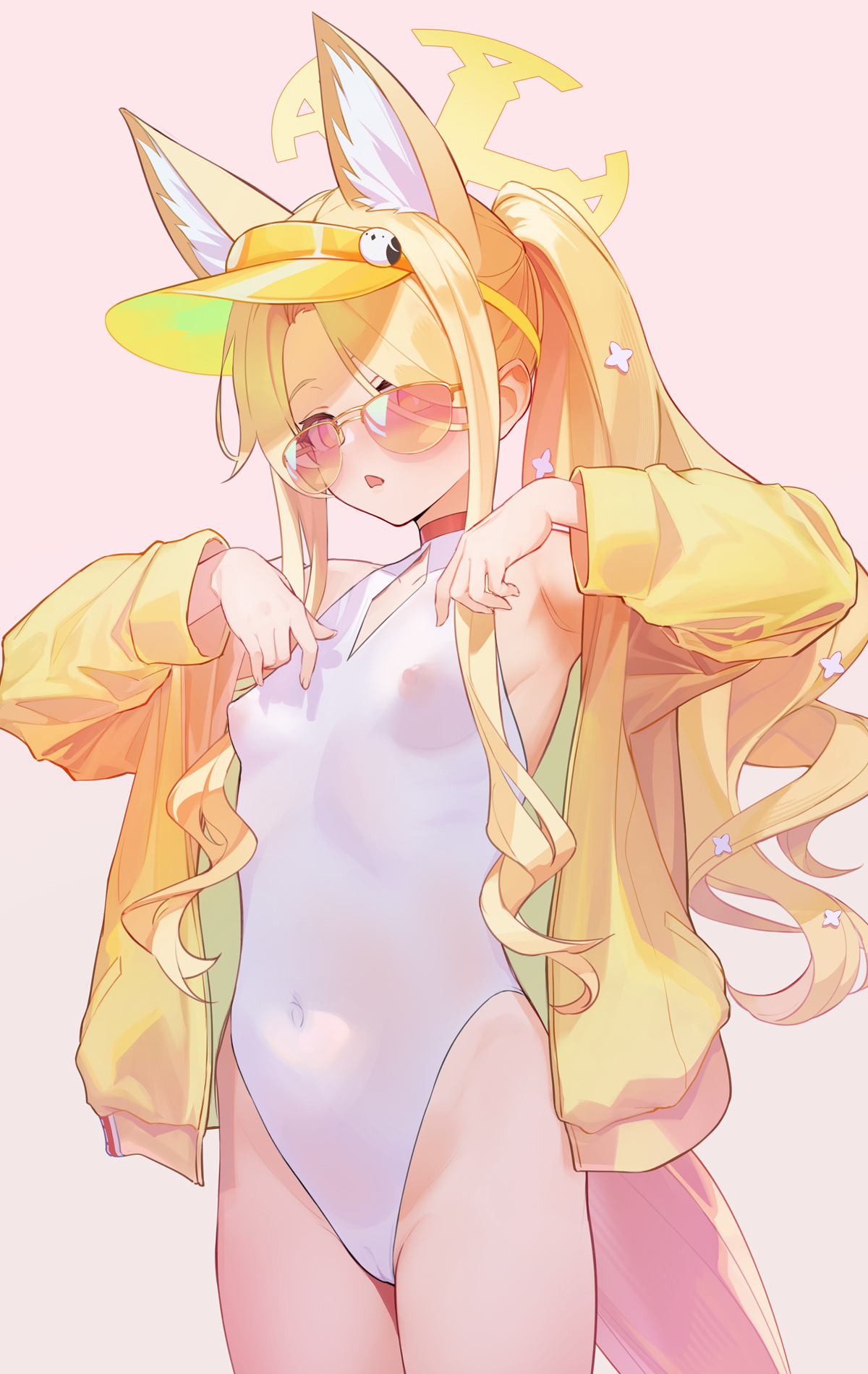 animal ears, blue archive, female, female only, one-piece swimsuit, see-through, see-through clothing, seia (blue archive), seia (swimsuit) (blue archive), sunglasses, supertie, swimsuit, tinted eyewear