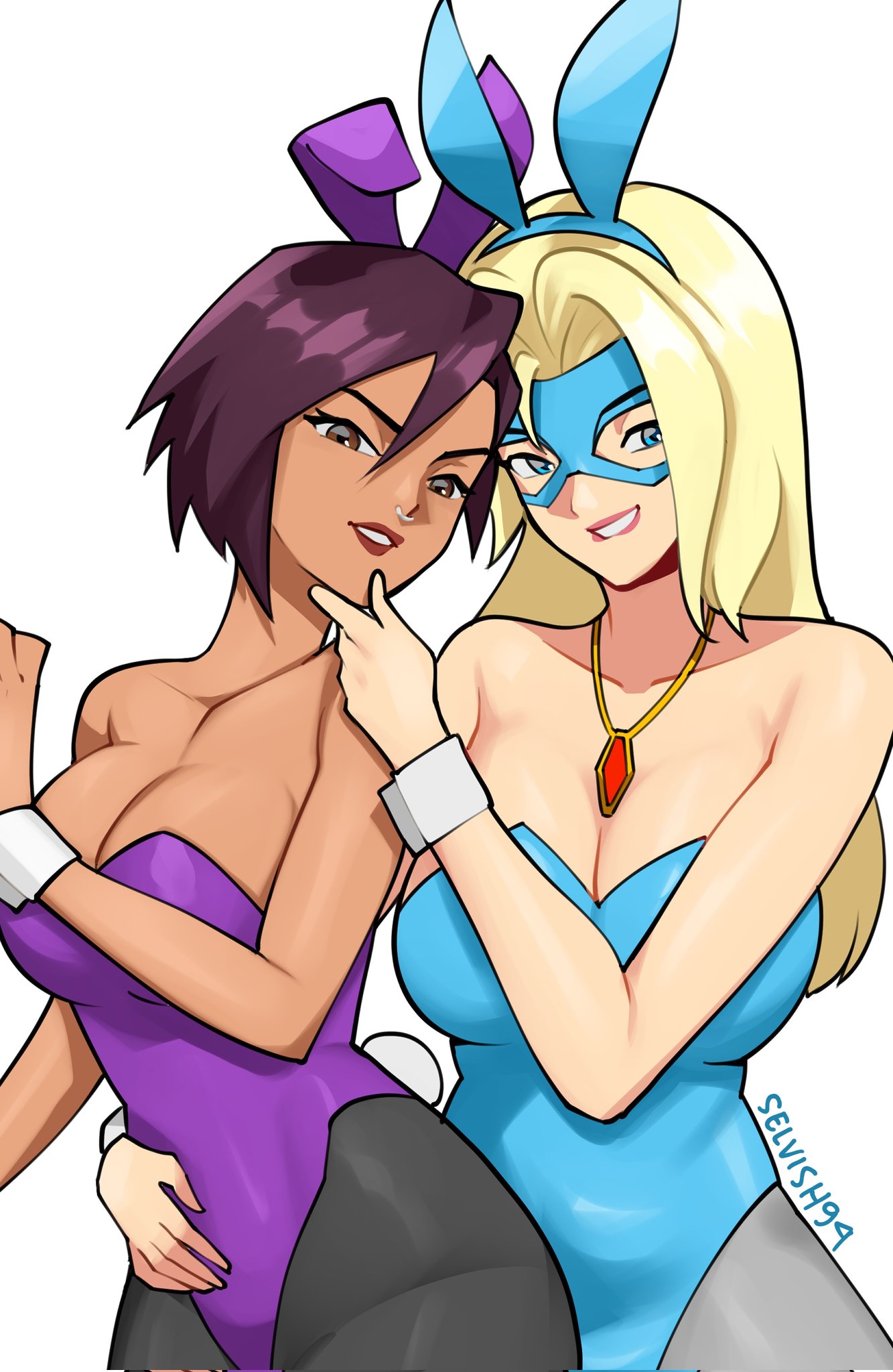 2girls, artist name, bare shoulders, blonde blazer, blonde hair, blue bunnysuit, blue eyes, brown eyes, brown hair, bunny ears, bunny girl, bunny tail, bunnysuit, cleavage, covered navel, dispatch (game), female, female only, invisigal, large breasts, long hair, looking at viewer, navel, necklace, nose piercing, playboy bunny, purple bunnysuit, selvish94, short hair, simple background, white background