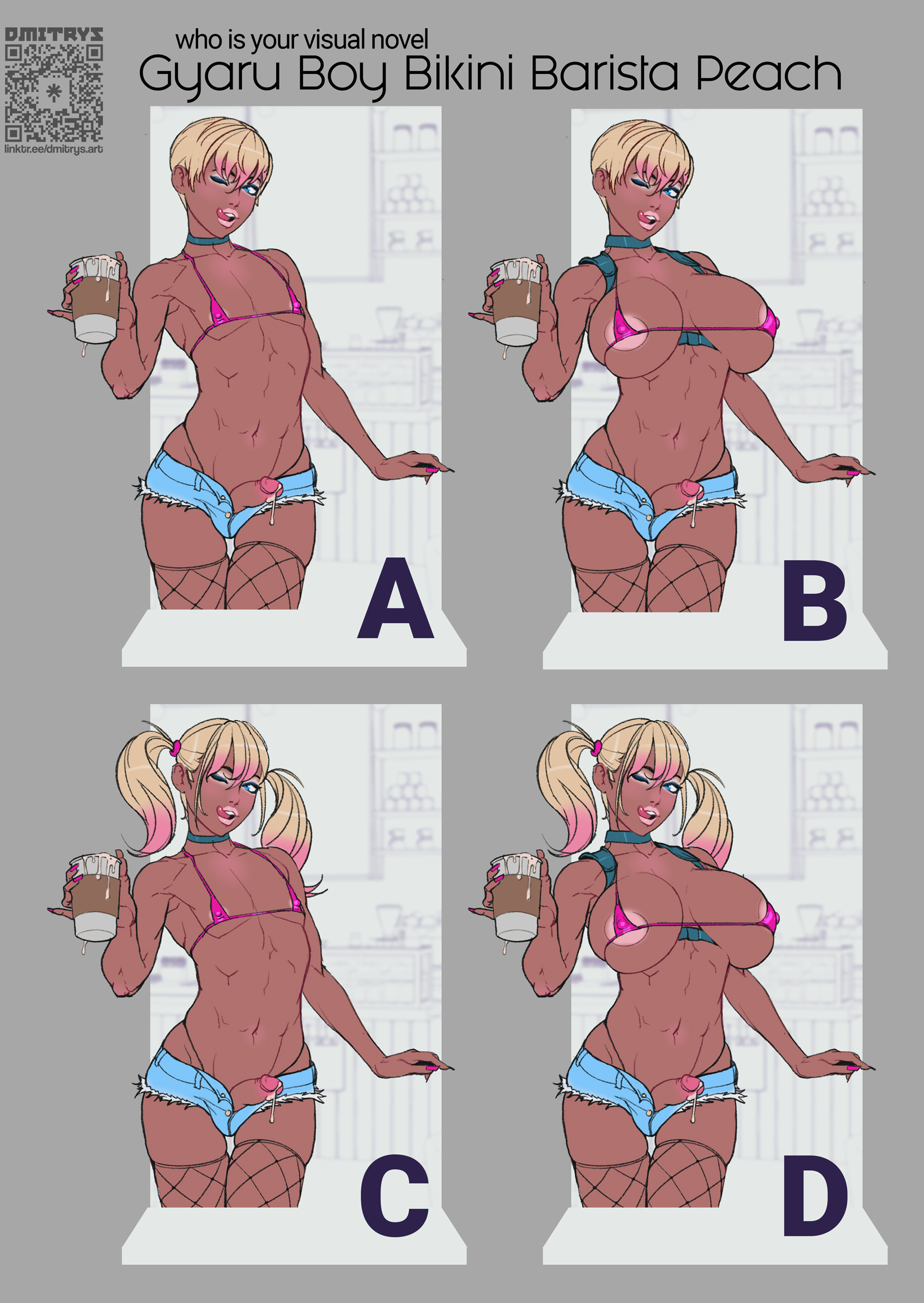 1boy, barista, belly, big breasts, bikini top, breasts, busty male, clothed, clothing, dark skin, dark-skinned femboy, dark-skinned male, dark-skinned sissy, dark-skinned twink, dmitrys, fake breasts, femboy, fit, licking lips, male, male only, male with breasts, mostly nude, peach (dmitrys), solo