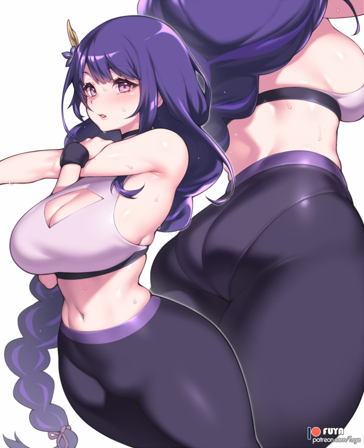 1girls, 2021, artist signature, ass, ass focus, back view, braided hair, breasts, cleavage, female, female only, front view, fuya (tempupupu), genshin impact, hips, huge breasts, large ass, long hair, looking at viewer, pantylines, purple eyes, purple hair, raiden shogun, simple background, slim waist, sports bra, sportswear, stretching, sweat, sweaty body, thick thighs, thighs, tight clothing, tight fit, very long hair, white background, wide hips, yoga pants
