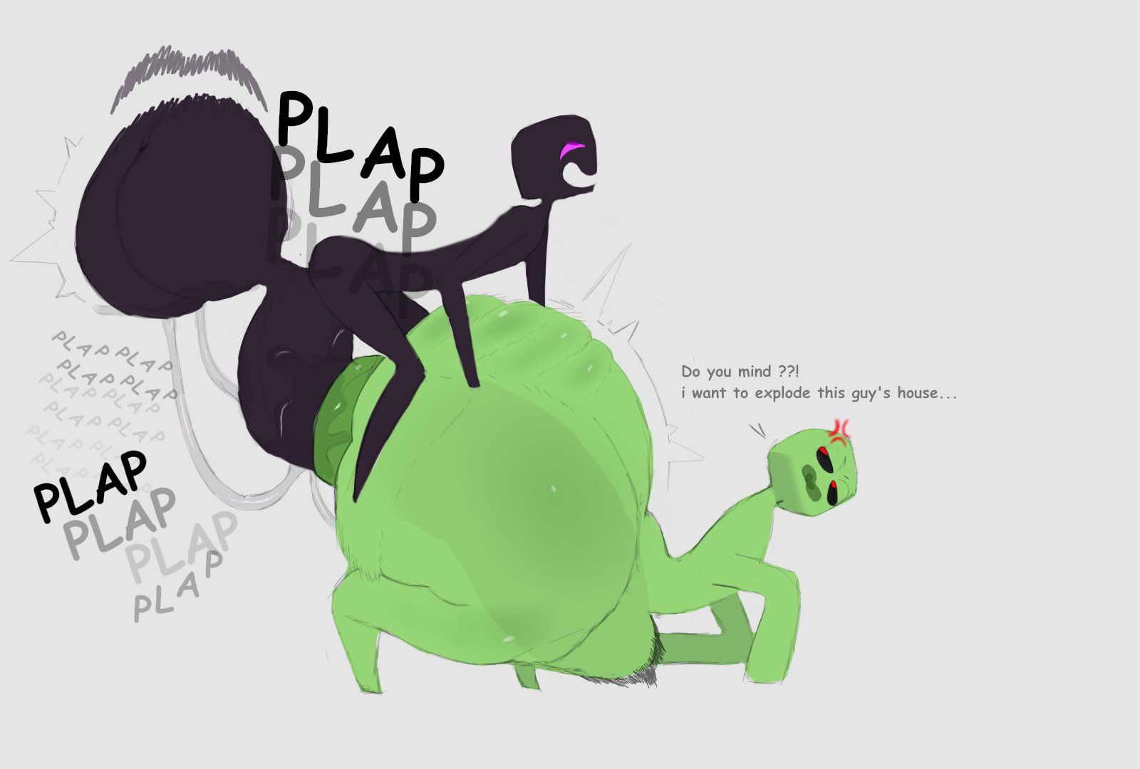 1boy, 1girls, 2025, anal, anal grip, anal sex, anger vein, annoyed, annoyed expression, anus, ass, ass waves, balls, big ass, big balls, big penis, big testicles, black body, bottom heavy, creeper, enderman, english text, fat ass, female, freaky, gigantic ass, gigantic penis, green body, grey background, horny, horny male, huge ass, huge balls, huge cock, huge testicles, huge thighs, hyper ass, hyper penis, large ass, large balls, large penis, large testicles, looking at partner, looking pleasured, male, mamimibuns, minecraft, minercraft, mounted from behind, mounting, nude, nude female, nude male, original, penis, plap, plap (sound), plapping, plapping big butt, pounding, pounding ass, quadruped, talking to partner, testicles, text, thick thighs, unfazed by stomach bulge, wide hips