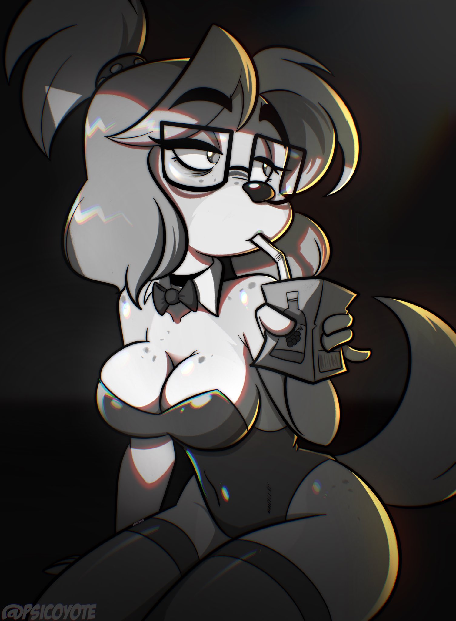 animal crossing, anthro, bunnysuit, canid, canine, canis, domestic dog, drinking, female, furry, isabelle (animal crossing), legwear, leotard, playboy bunny, psicoyote, solo