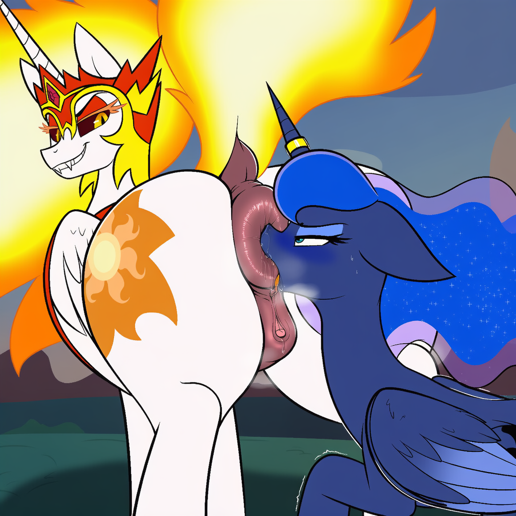 ai generated, alicorn, anonymous artist, anus, ass, ass in face, big ass, blue hair, daybreaker (mlp), donut anus, face in ass, female, feral, flowing hair, incest, kissing ass, large ass, licking ass, licking asshole, looking smug, my little pony, ponut, princess celestia (mlp), princess luna (mlp), pussy, sibling incest, siblings, sister, sister and sister, sisters