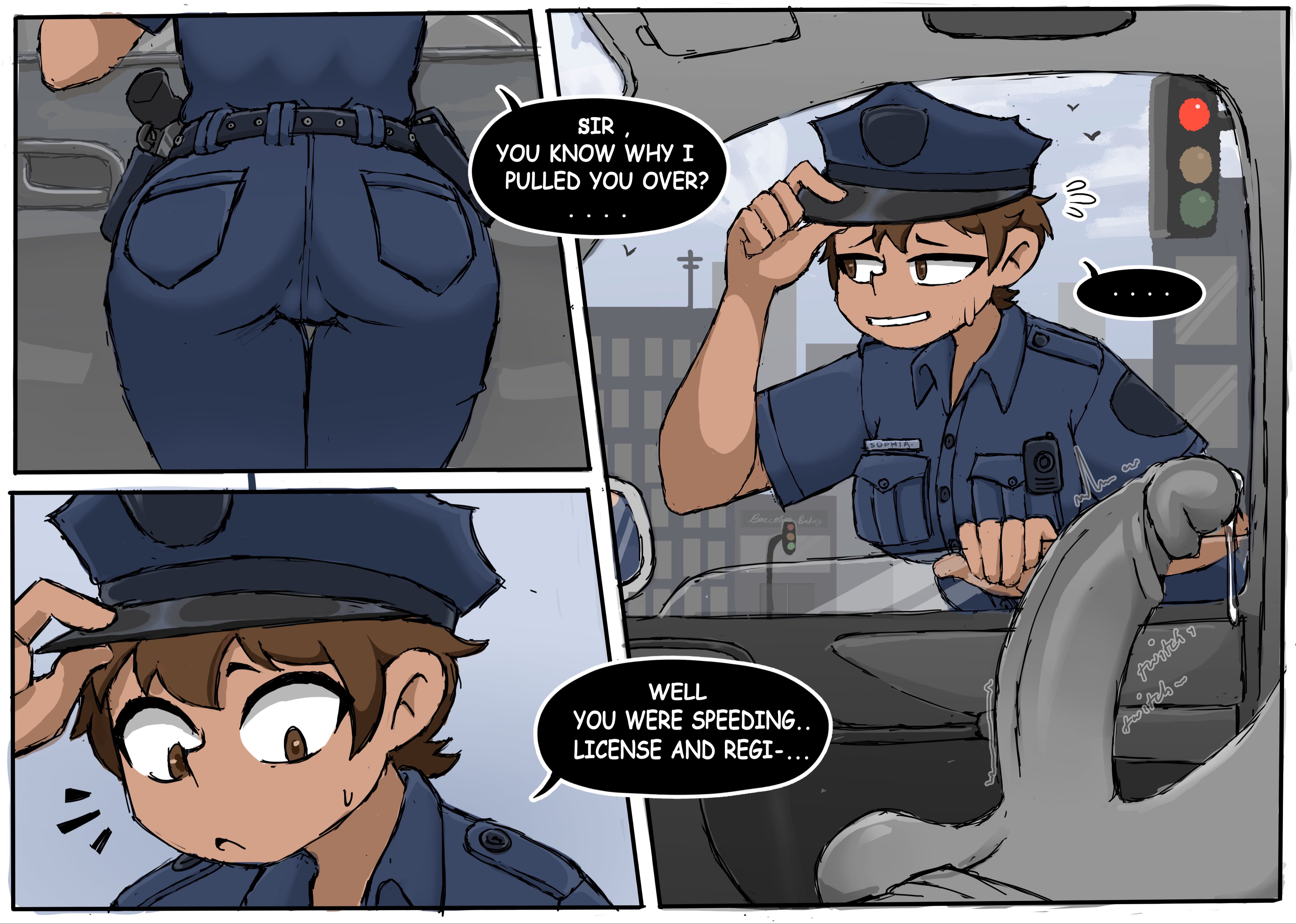 1boy, 1girls, 3koma, ass, baecohn, big ass, big breasts, big penis, breasts, brown eyes, brown hair, car, city, city background, cityscape, clothed, clothing, color, comic, dialogue, english text, female, female focus, grey body, hand on hat, hetero, human, human only, leaning forward, looking at partner, looking away, male, nervous, original, original character, penis, penis awe, police, police hat, police uniform, policewoman, pussy, pussy visible through clothes, sophia (baecohn), stoplight, straight, sweat, sweatdrop, tan body, tan skin, text, twitter link, uncensored