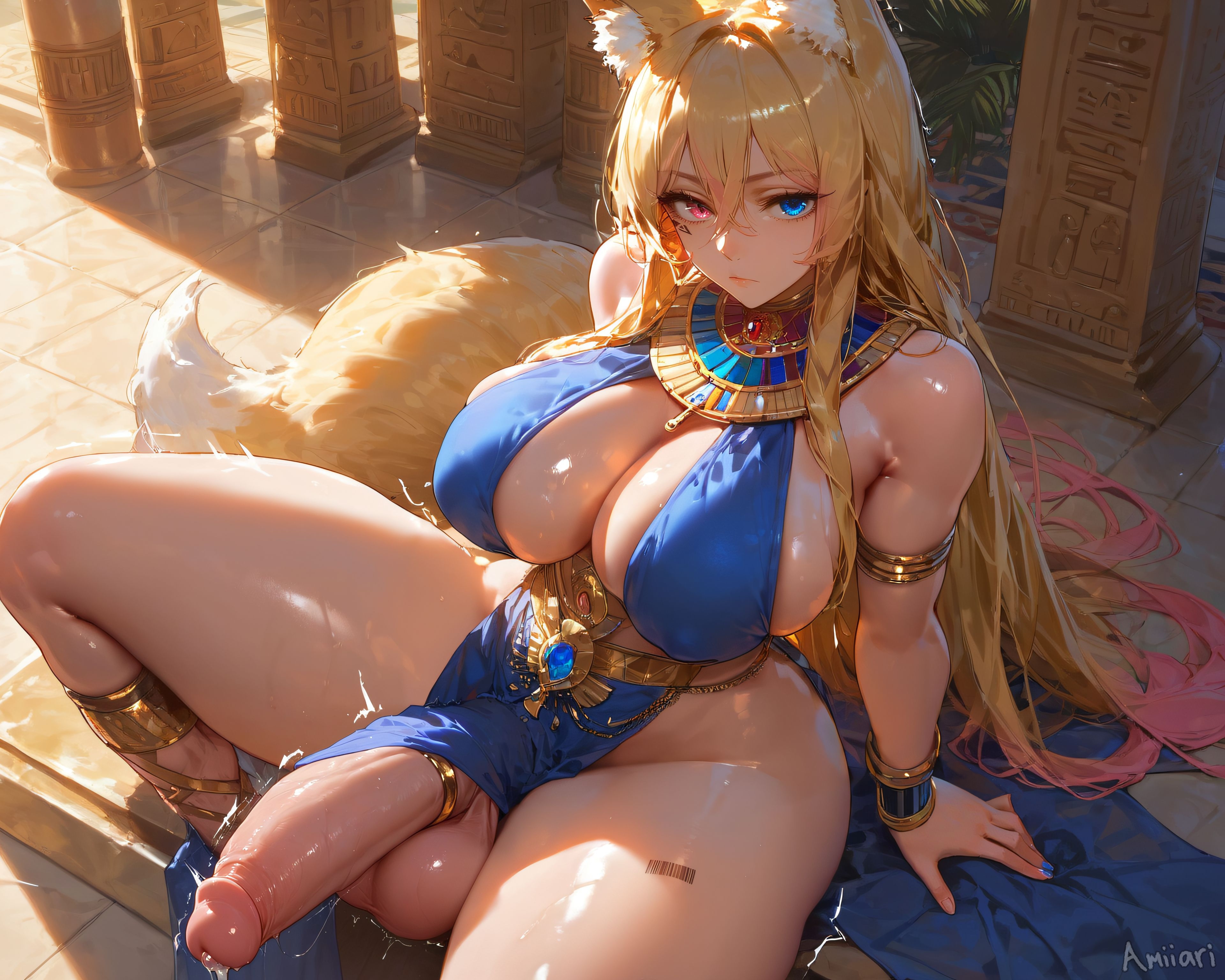 1futa, absurd res, ai generated, amiiari, ass, big breasts, big penis, blonde hair, blue eyes, bored, breasts, detailed, dickgirl, dripping, egyptian, erection, female, fox ears, fox girl, foxyevoxy, from above, futa only, futanari, heterochromia, highres, huge ass, huge breasts, intersex, jewelry, large penis, loincloth, long penis, massive penis, penis, penis to the knees, pharaoh, pink eyes, pink hair, precum, precum drip, precum string, revealing clothes, tattoo, thick thighs, virtual youtuber, vtuber