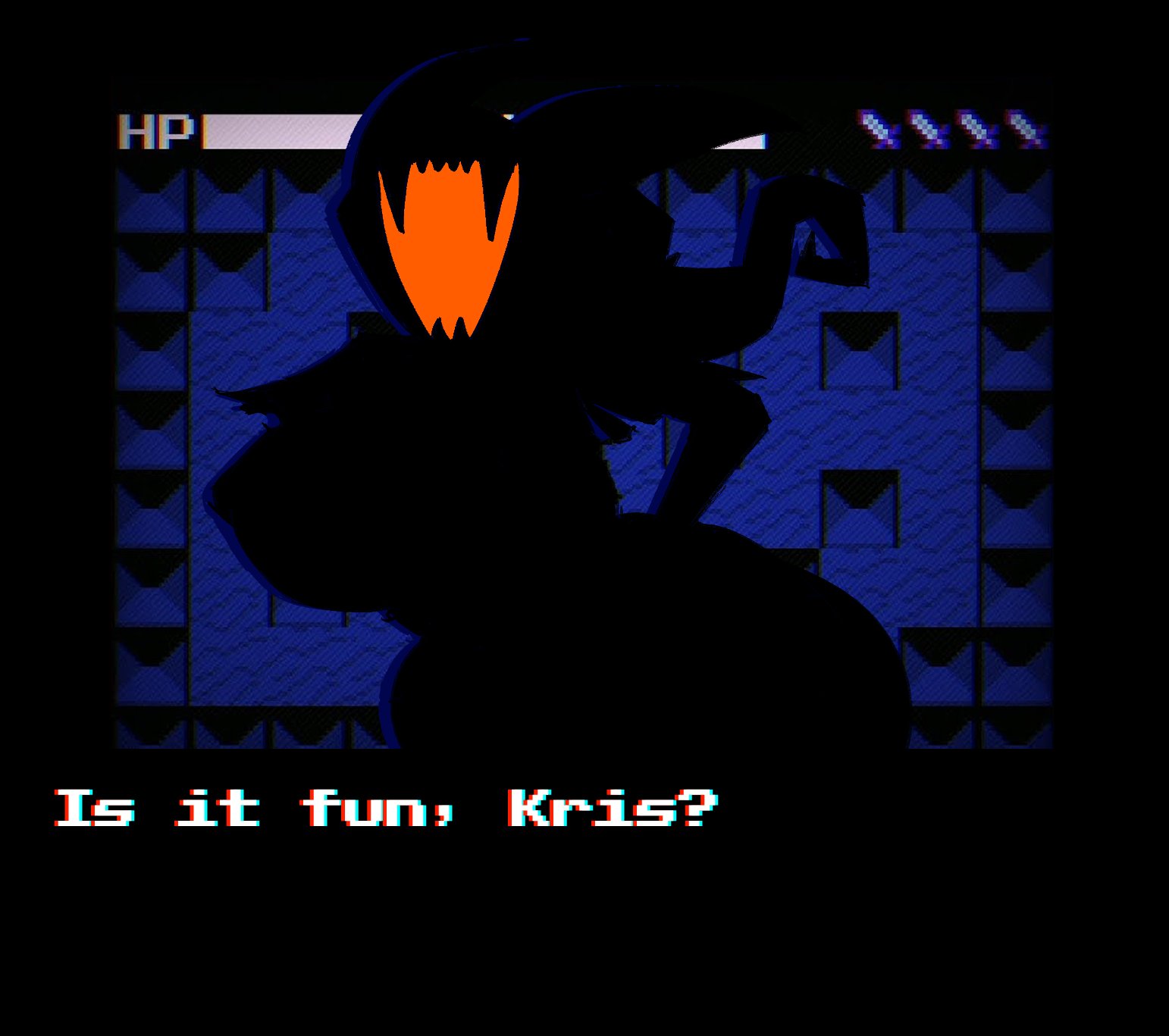 1girls, ass, background, big ass, big breasts, breasts, deltarune, deltarune chapter 3, english text, eram, female, female only, non-human, one cryptid, open mouth, shadow mantle, solo, talking to another, text, thick thighs, thunder thighs
