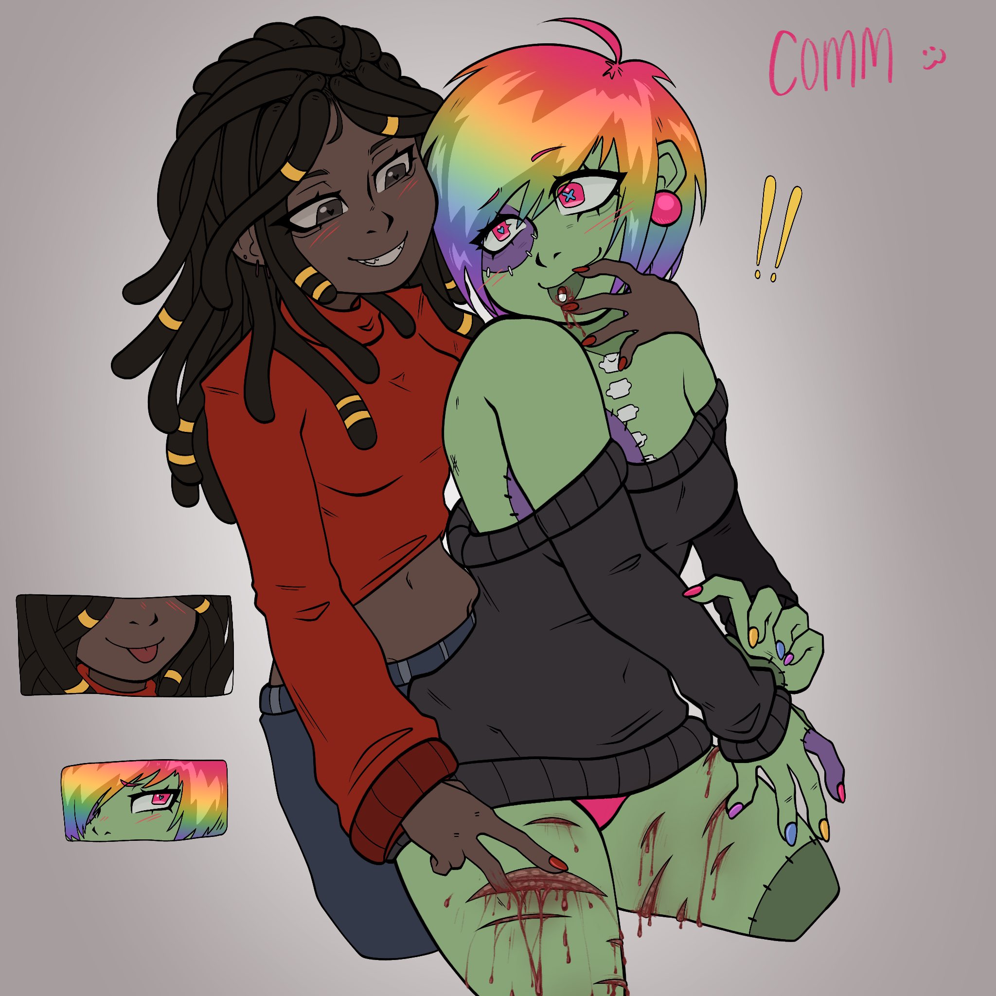 african female, blood, cuts, cuts on thighs, dark skin, dark-skinned female, drugs, female, female focus, female only, fingering injuries, fingering partner, gore, green body, green skin, guro, lesbian, locs, off shoulder sweater, pills, prepare4surgery, self harm fetish, suggestive, teasing, tongue, tongue out, yuri, zombie girl